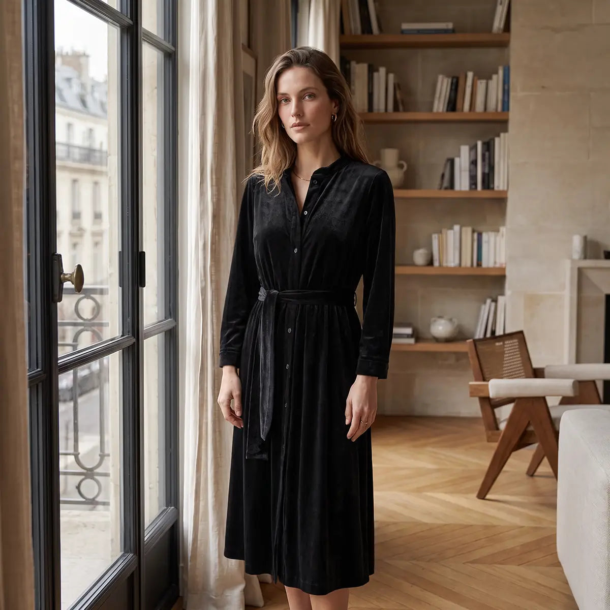 CLELIA MIDI, abito midi in ciniglia nera con cintura, bottoni sul davanti e gonna ampia, su modella.