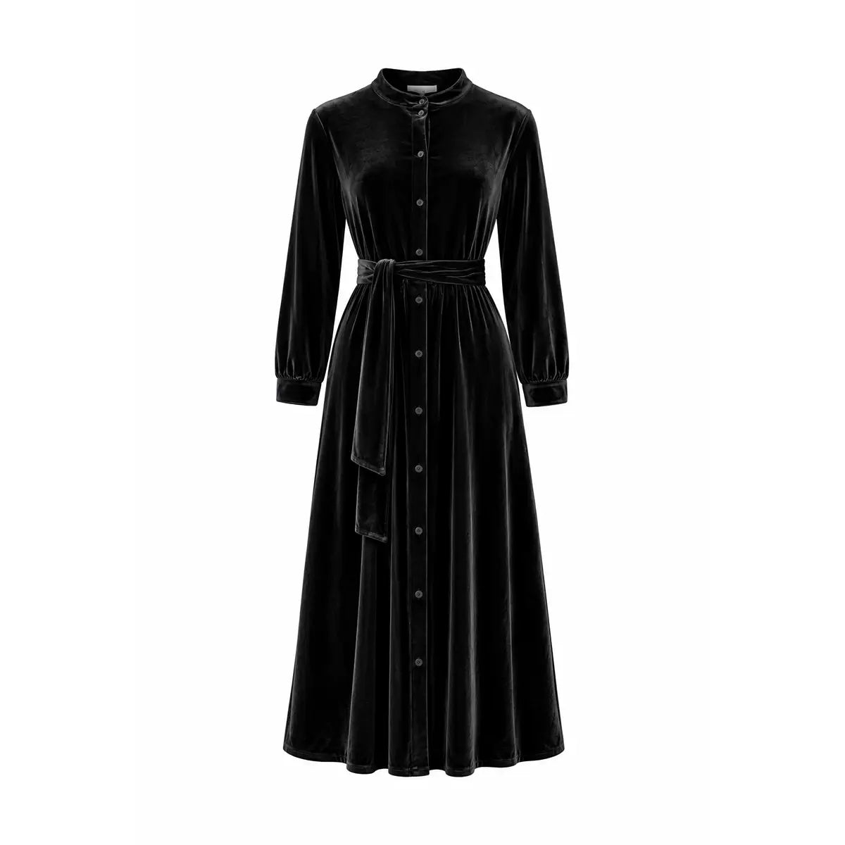 CLELIA MIDI, abito midi in ciniglia nera con cintura, bottoni sul davanti e gonna ampia.