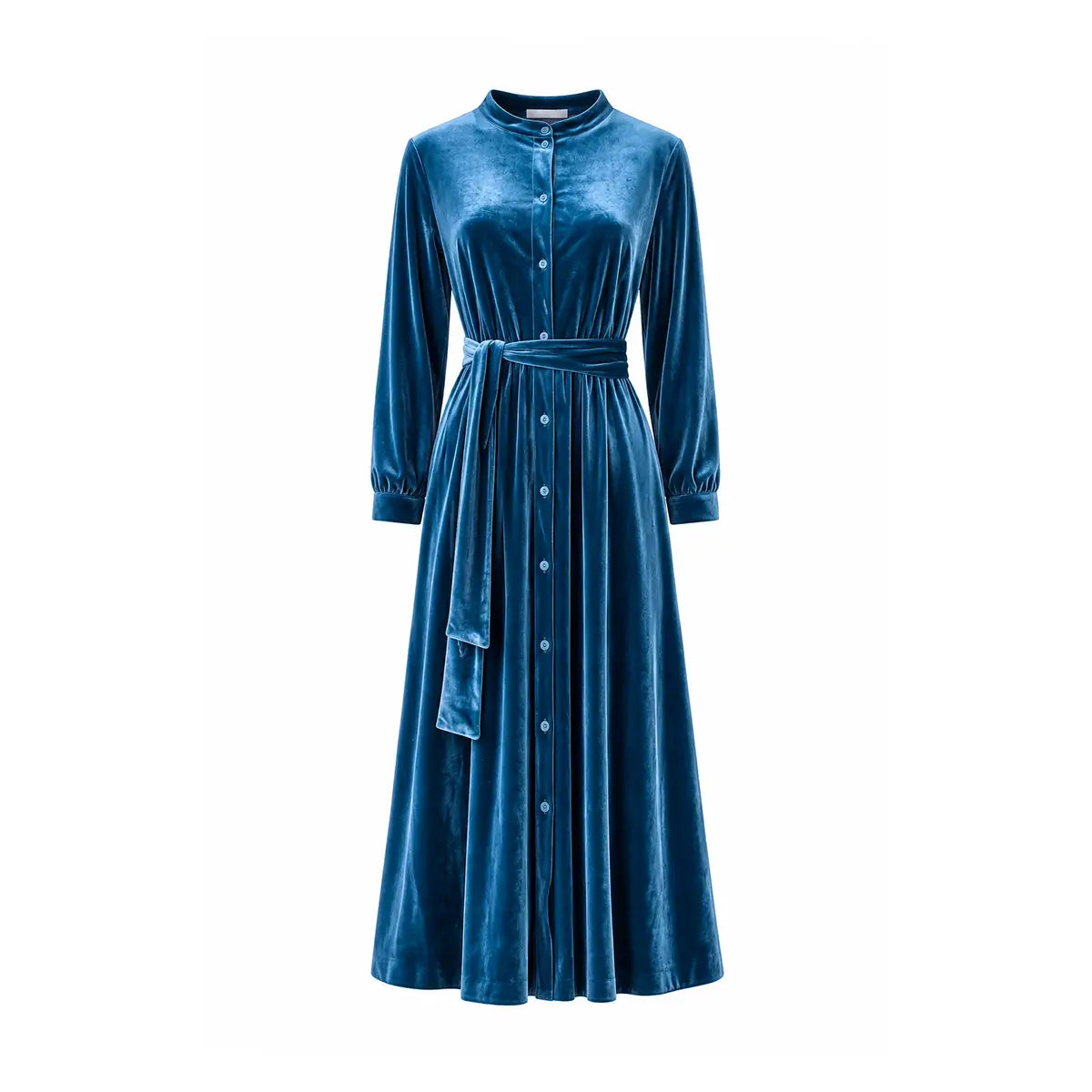 CLELIA MIDI, abito midi in ciniglia ottanio con cintura, bottoni sul davanti e gonna ampia.