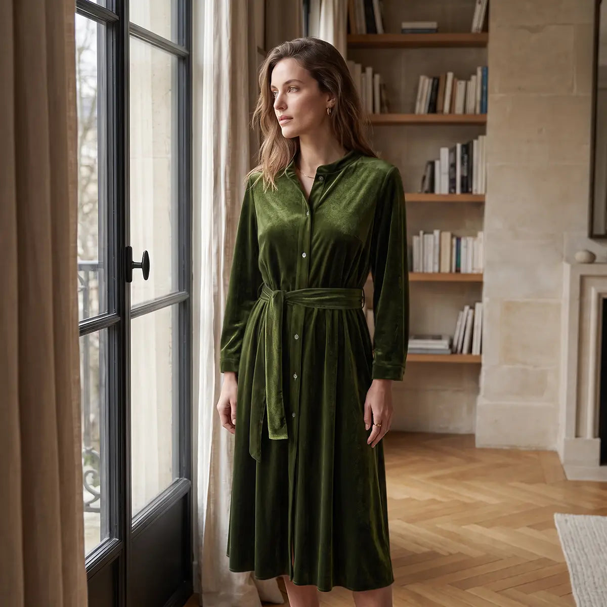 CLELIA MIDI, abito midi in ciniglia verde con cintura, bottoni sul davanti e gonna ampia, su modella.
