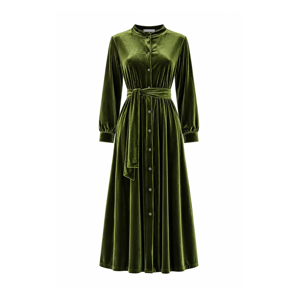 CLELIA MIDI, abito midi in ciniglia verde con cintura, bottoni sul davanti e gonna ampia.