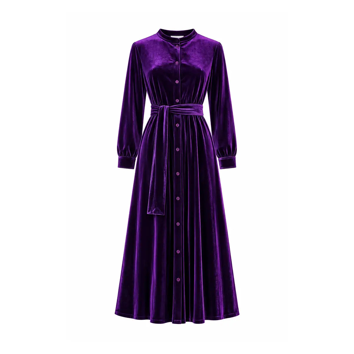 CLELIA MIDI, abito midi in ciniglia viola con cintura, bottoni sul davanti e gonna ampia.