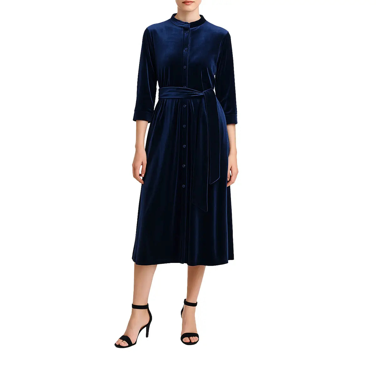 Abito midi chemisier  CLELIA di Alessandra Gallo in ciniglia blu con colletto alla coreana, bottoni frontali, maniche lunghe e cintura in vita - indossato frontale - Day&Night Collection