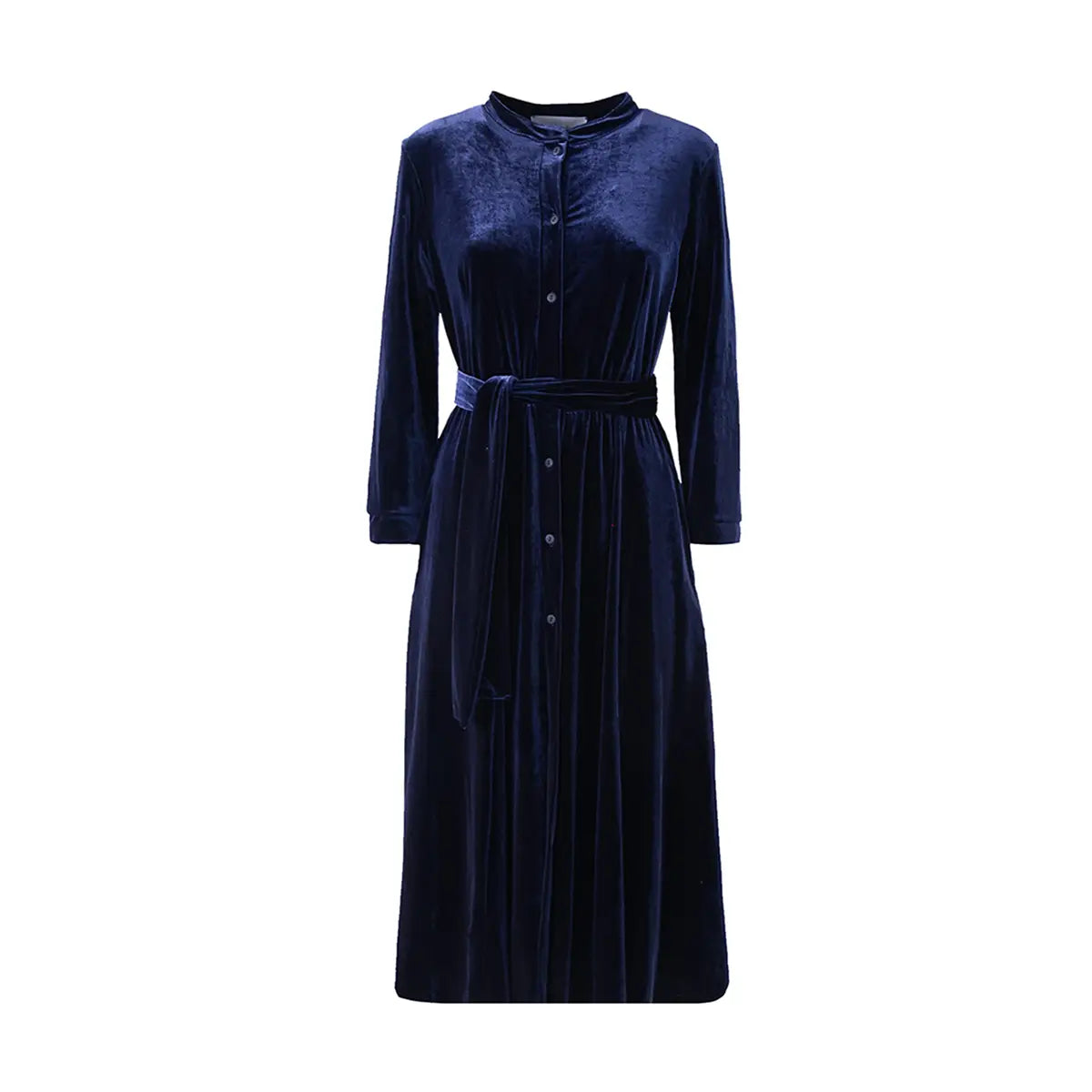 Abito midi CLELIA di Alessandra Gallo in ciniglia blu con bottoni, maniche lunghe e cintura in vita - vista frontale - Day&Night Collection