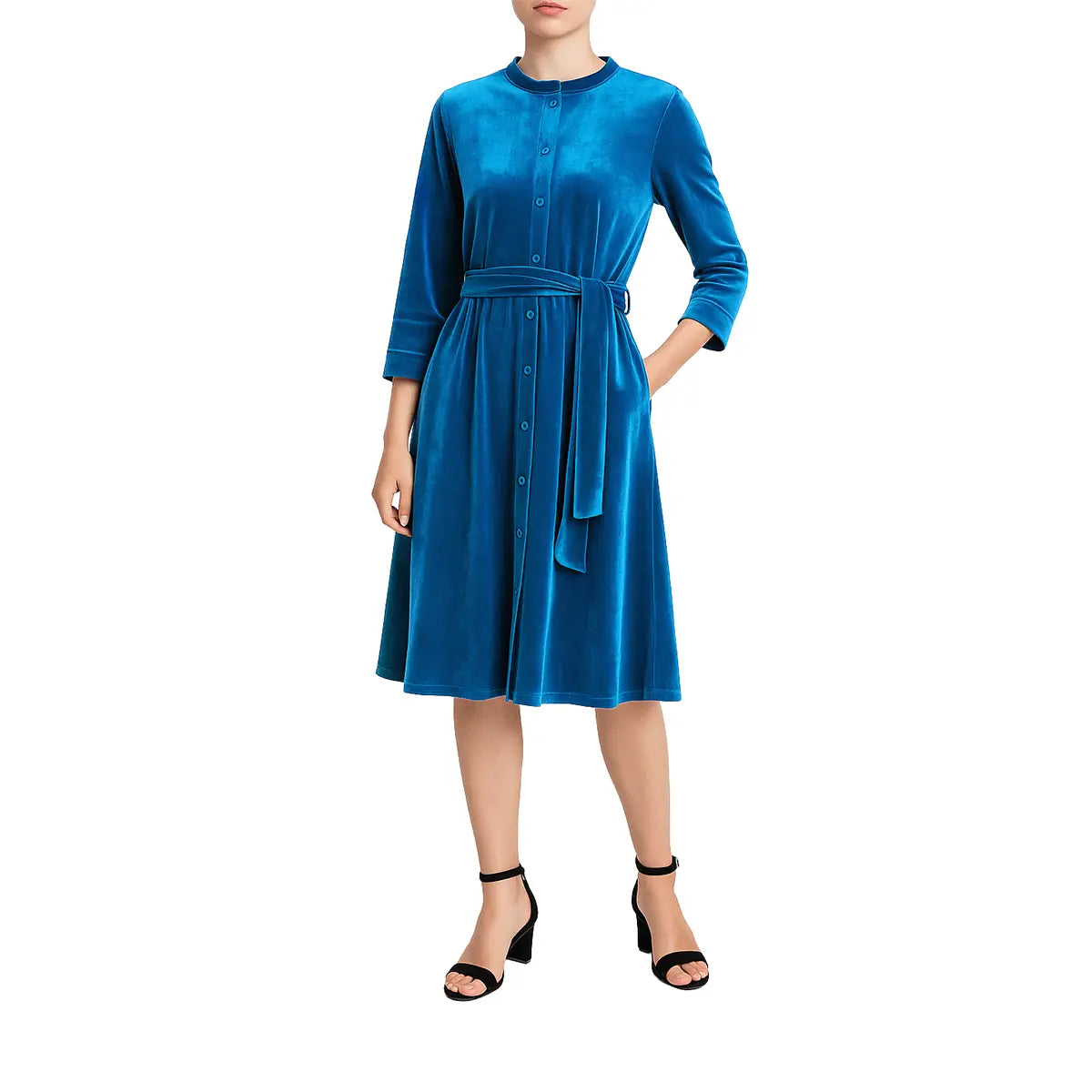 Abito midi CLELIA di Alessandra Gallo in ciniglia ottanio con colletto alla coreana, bottoni, maniche lunghe e cintura in vita - indossato frontale - Day&Night Collection