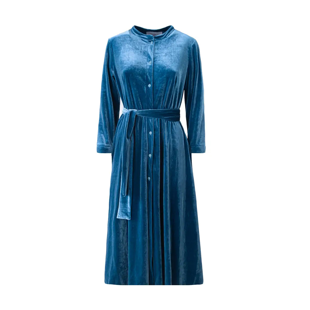 Abito midi CLELIA di Alessandra Gallo in ciniglia ottanio con bottoni, maniche lunghe e cintura in vita - vista frontale - Day&Night Collection