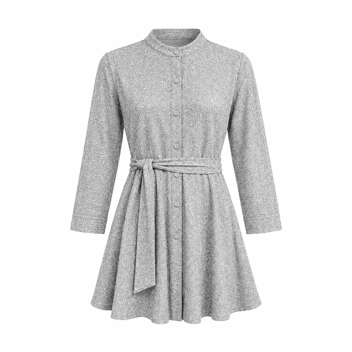 CLELIA MINI, abito in lurex argento con abbottonatura frontale e gonna svasata.