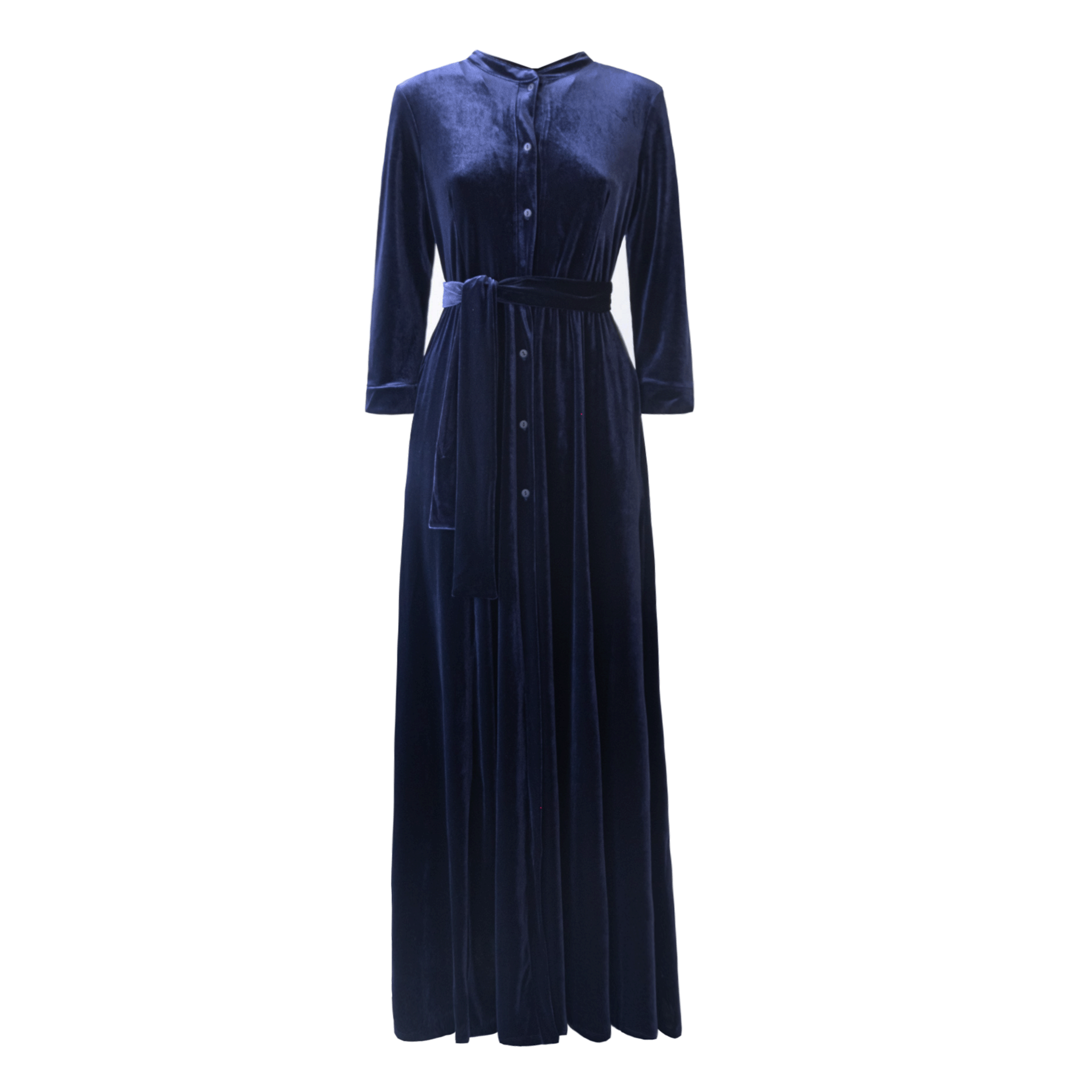 Abito lungo CLELIA di Alessandra Gallo in ciniglia blu con bottoni sul davanti, maniche lunghe, colletto alla coreana - vista frontale - Day&Night Collection