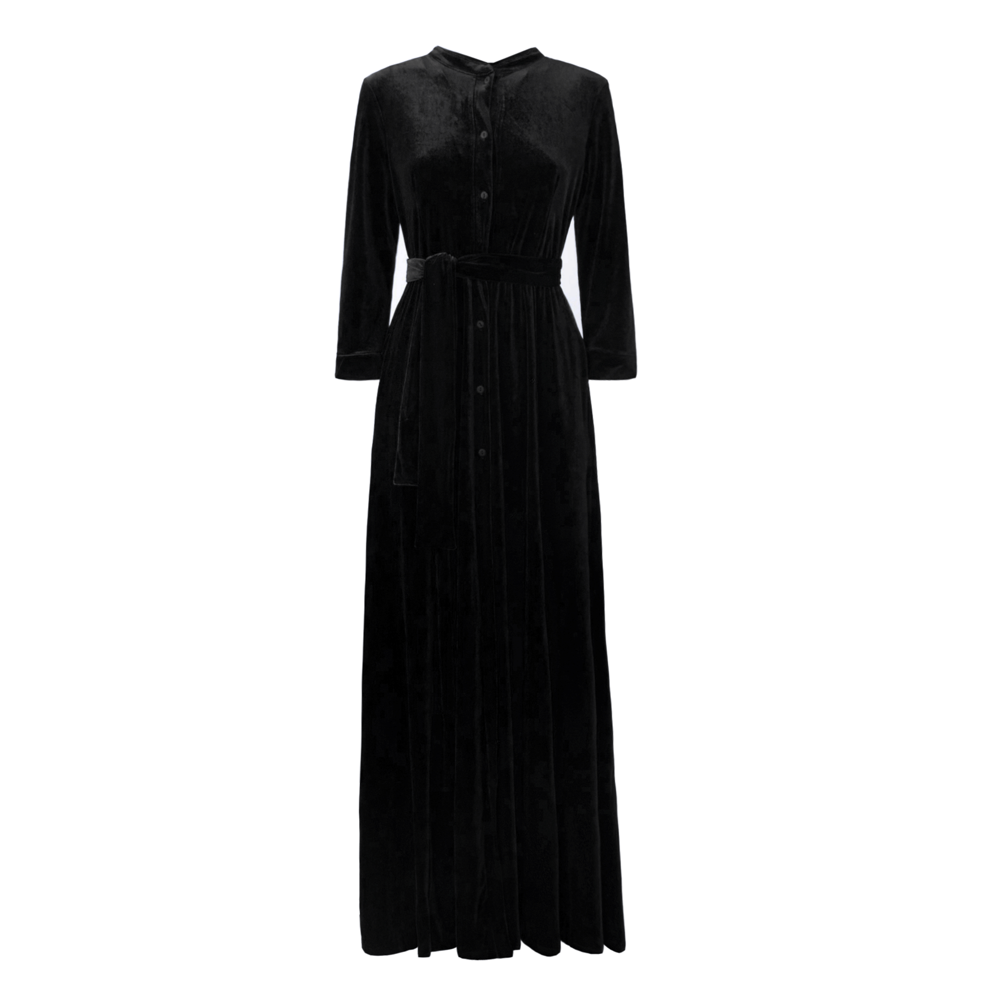 Abito lungo CLELIA di Alessandra Gallo in ciniglia nera con bottoni, con maniche lunghe, colletto alla coreana e cintura in vita - vista frontale - Day&Night Collection