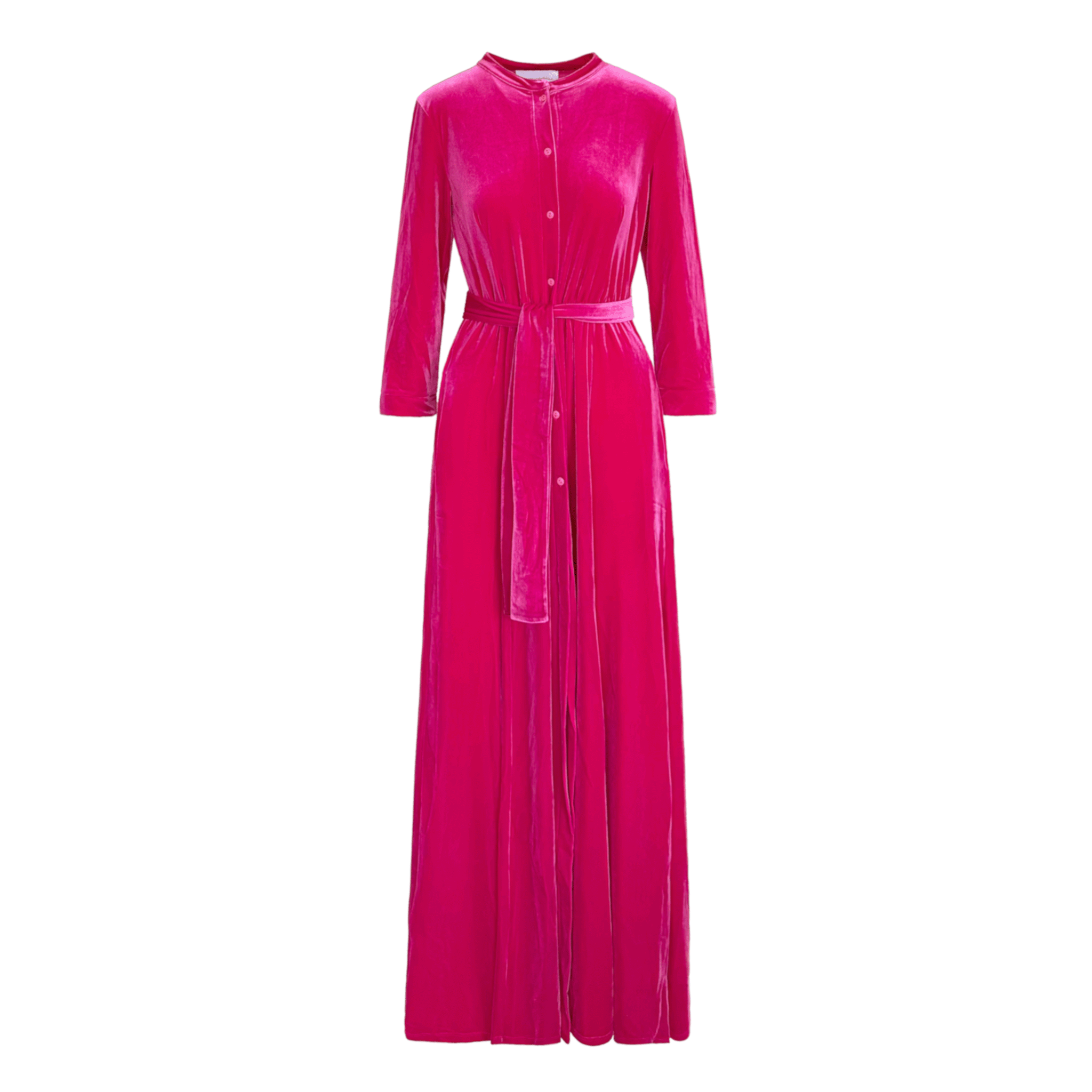 Abito lungo CLELIA di Alessandra Gallo in ciniglia fucsia con bottoni, maniche lunghe, collo alla coreana e cintura in vita - vista frontale - Day&Night Collection