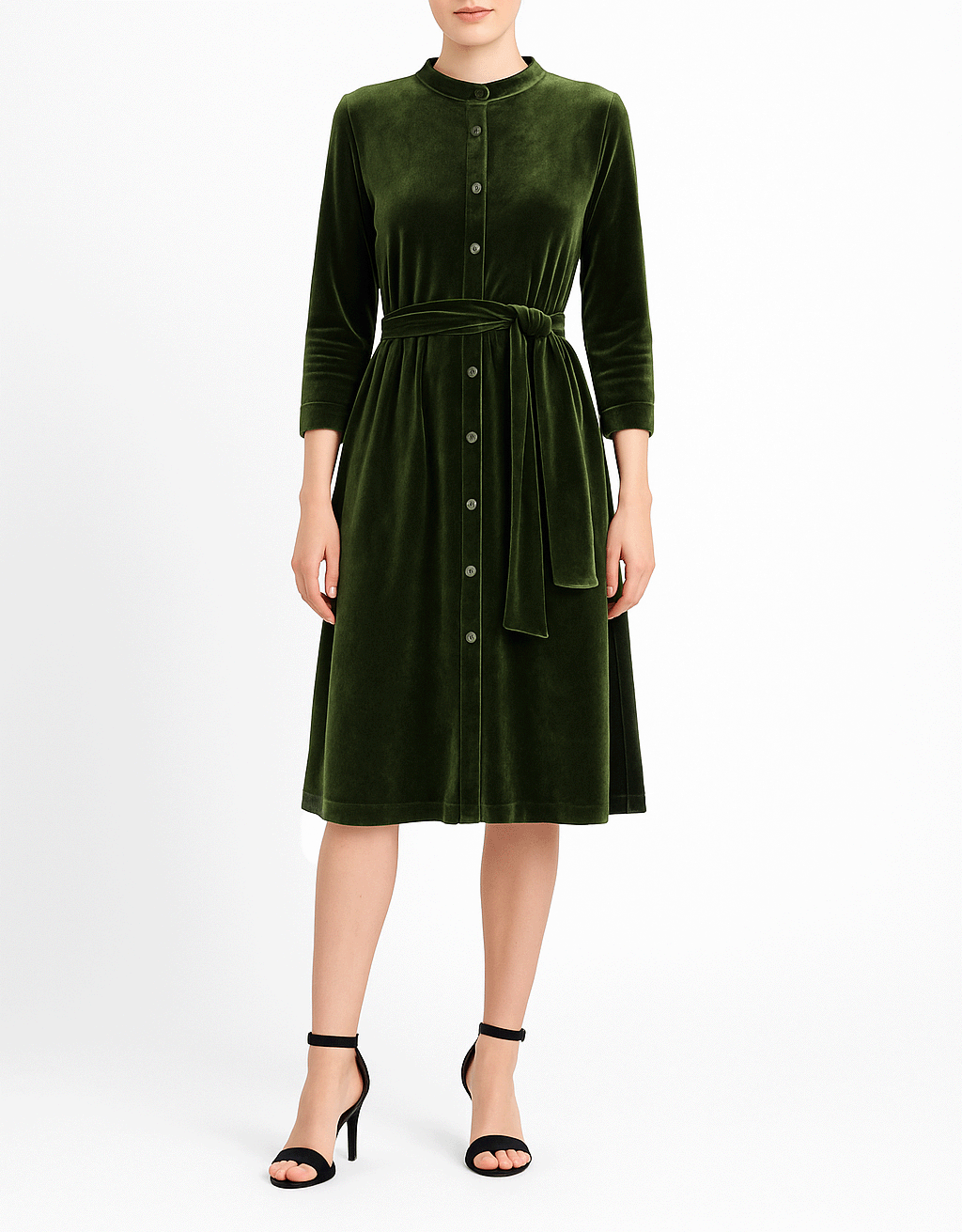 Abito midi CLELIA MIDI di Alessandra Gallo in ciniglia verde con maniche lunghe, bottoni, cintura rimovibile - indossato da modella frontale  -Day&Night Collection