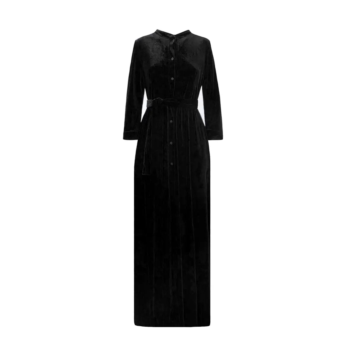 Abito lungo a chemisier CLELIA di Alessandra Gallo in ciniglia nero con bottoni, maniche lunghe, collo alla coreana e cintura in vita - vista frontale - Day&Night Collection