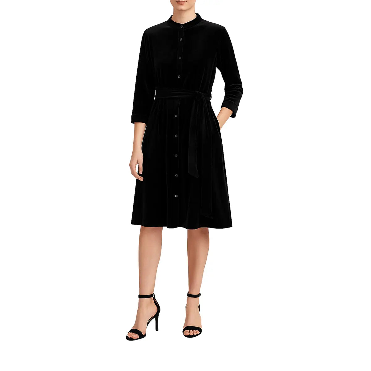 Abito midi chemisier  CLELIA di Alessandra Gallo in ciniglia nero con colletto alla coreana, bottoni frontali, maniche lunghe e cintura in vita - indossato frontale - Day&Night Collection