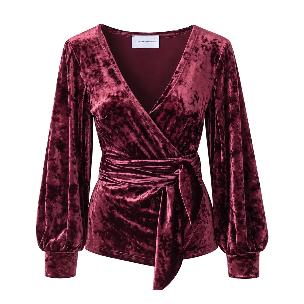 CLOE, blusa a portafoglio in ciniglia martellata bordeaux con scollo a V e maniche a palloncino.