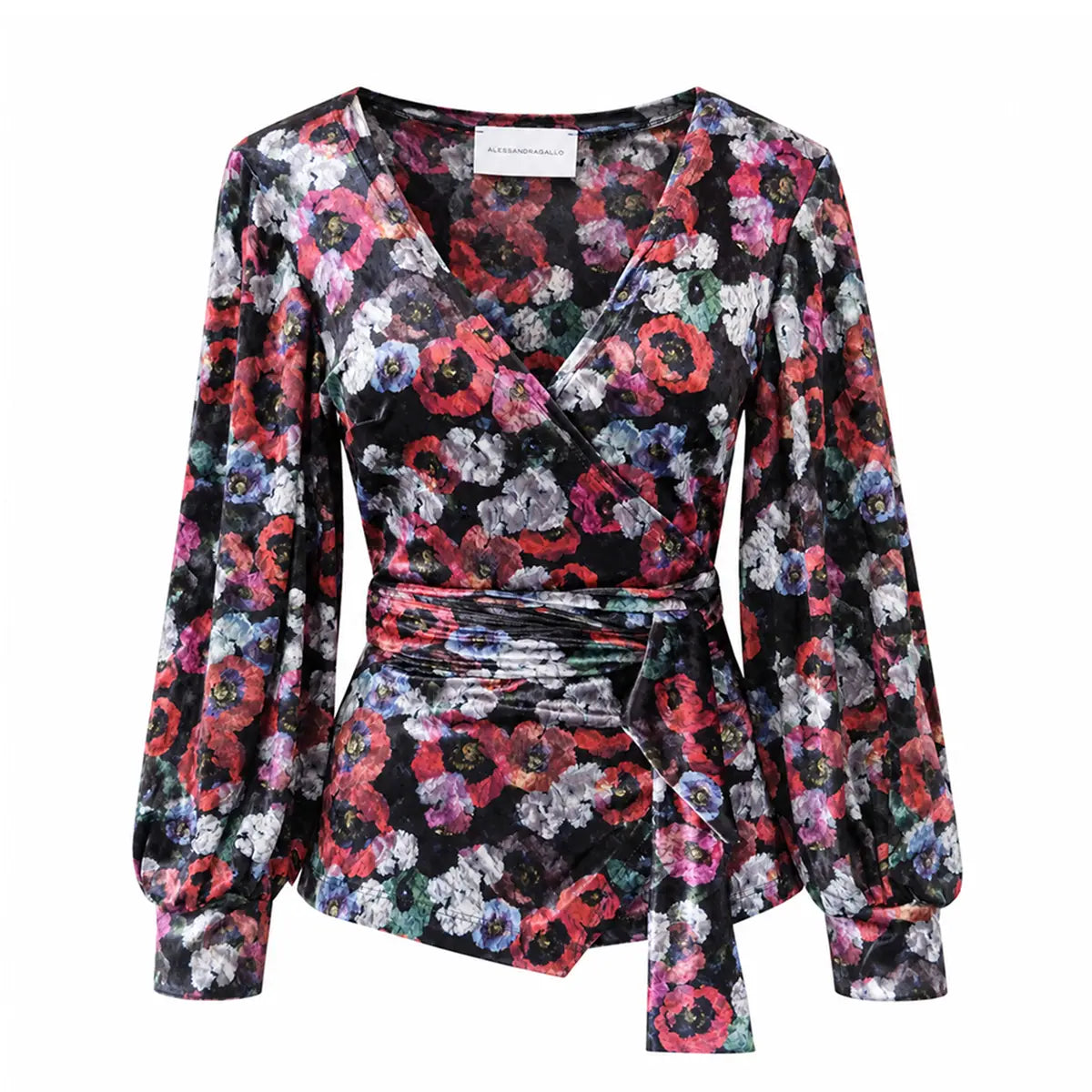 CLOE, blusa a portafoglio in ciniglia martellata floreale con scollo a V e maniche a palloncino.