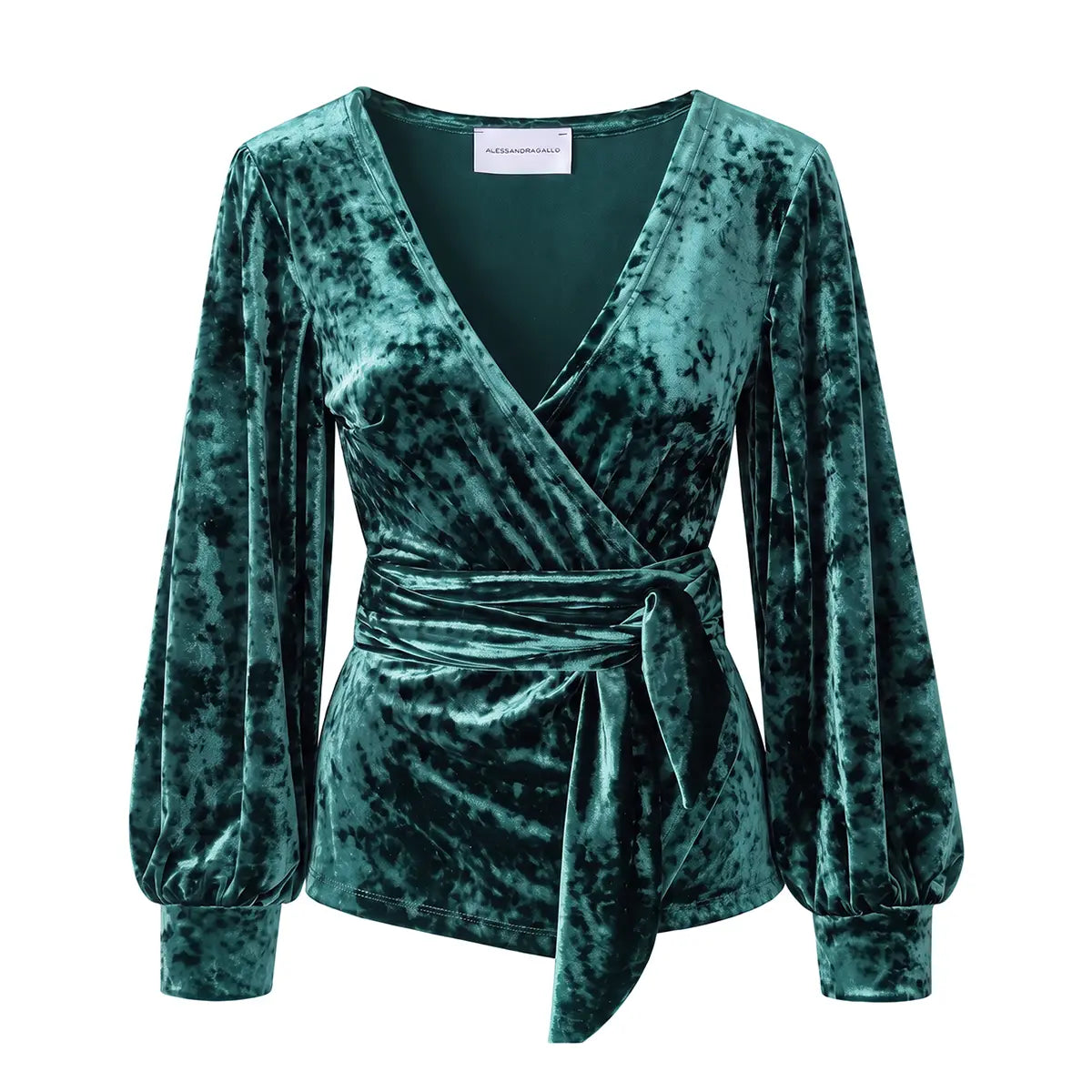 CLOE, blusa a portafoglio in ciniglia martellata verde con scollo a V e maniche a palloncino.