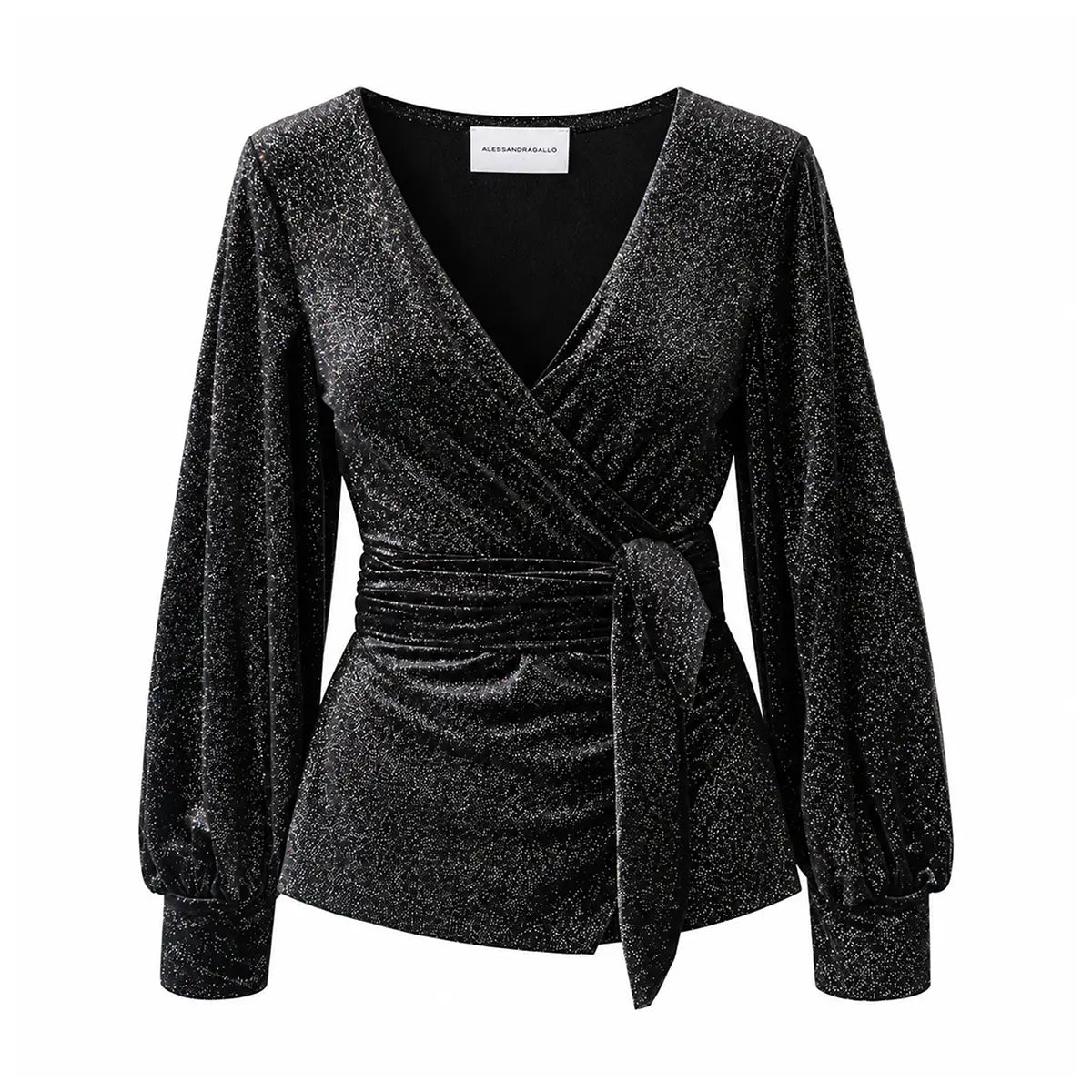 CLOE, blusa a portafoglio in ciniglia sparkling nera con scollo a V e maniche a palloncino.