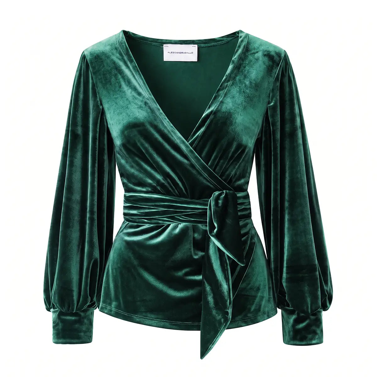 CLOE, blusa a portafoglio in ciniglia verde smeraldo con scollo a V e maniche a palloncino.