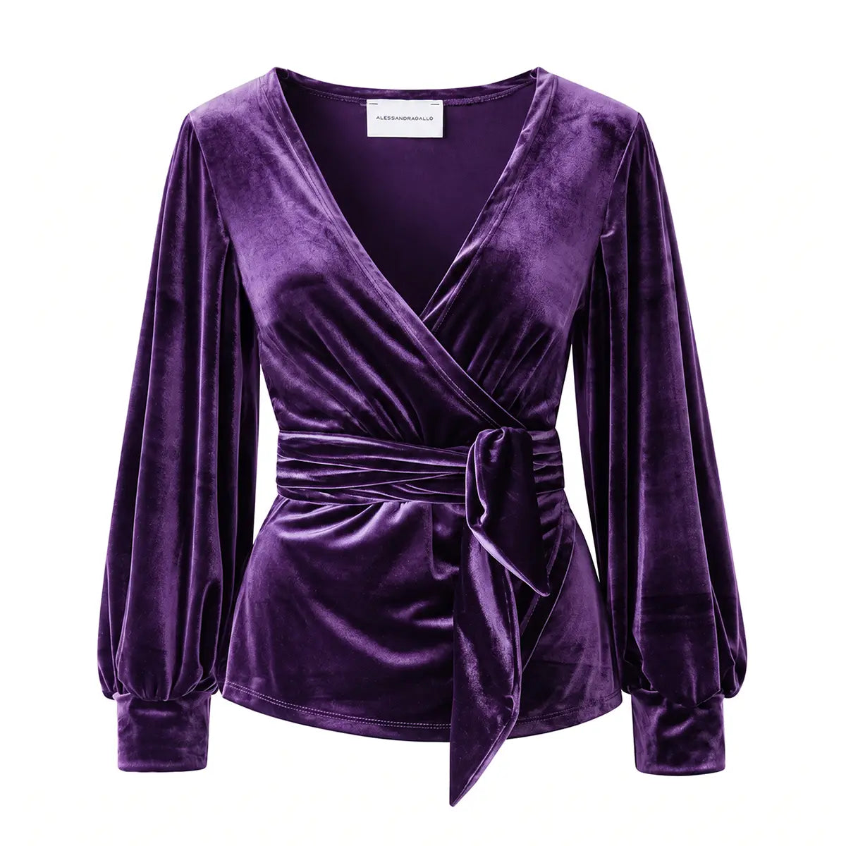 CLOE, blusa a portafoglio in ciniglia viola con scollo a V e maniche a palloncino.