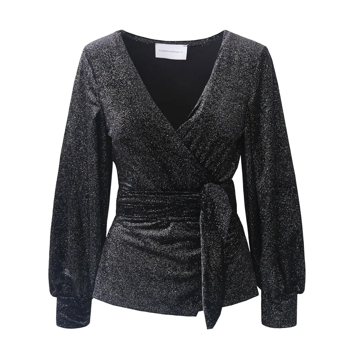 Blusa  a portafoglio CLOE  di Alessandra Gallo in ciniglia sparkling nera con scollo V e maniche lunghe ampie - vista frontale -  Day&Night Collection