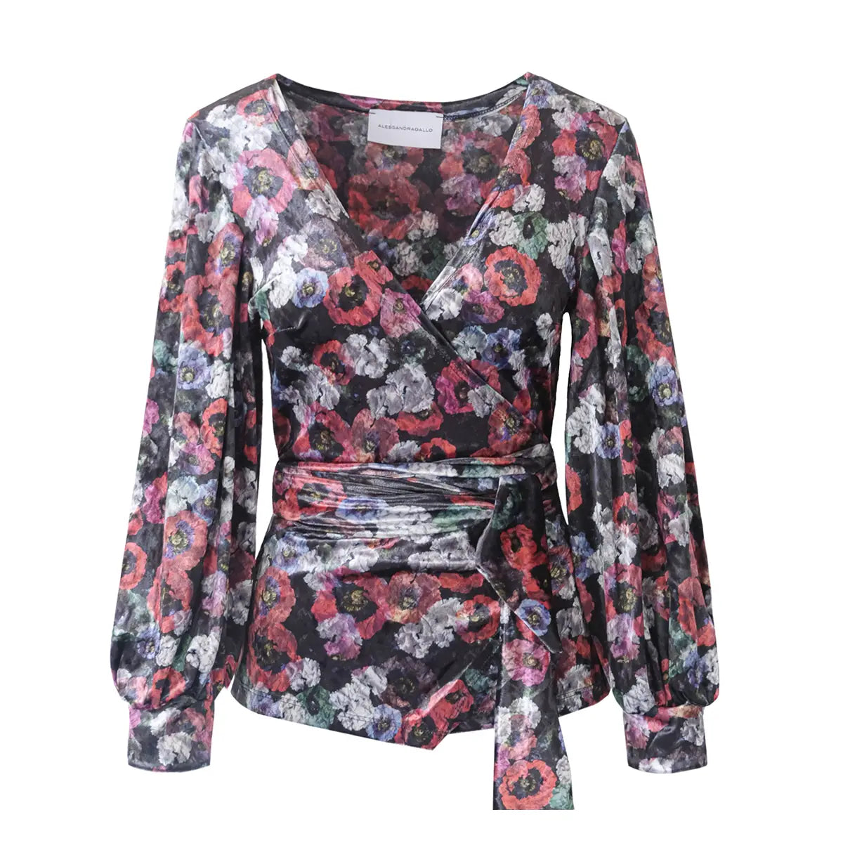 Blusa  a portafoglio CLOE  di Alessandra Gallo in ciniglia martellata fantasia floreale con scollo V e maniche lunghe ampie - vista frontale -  Day&Night Collection