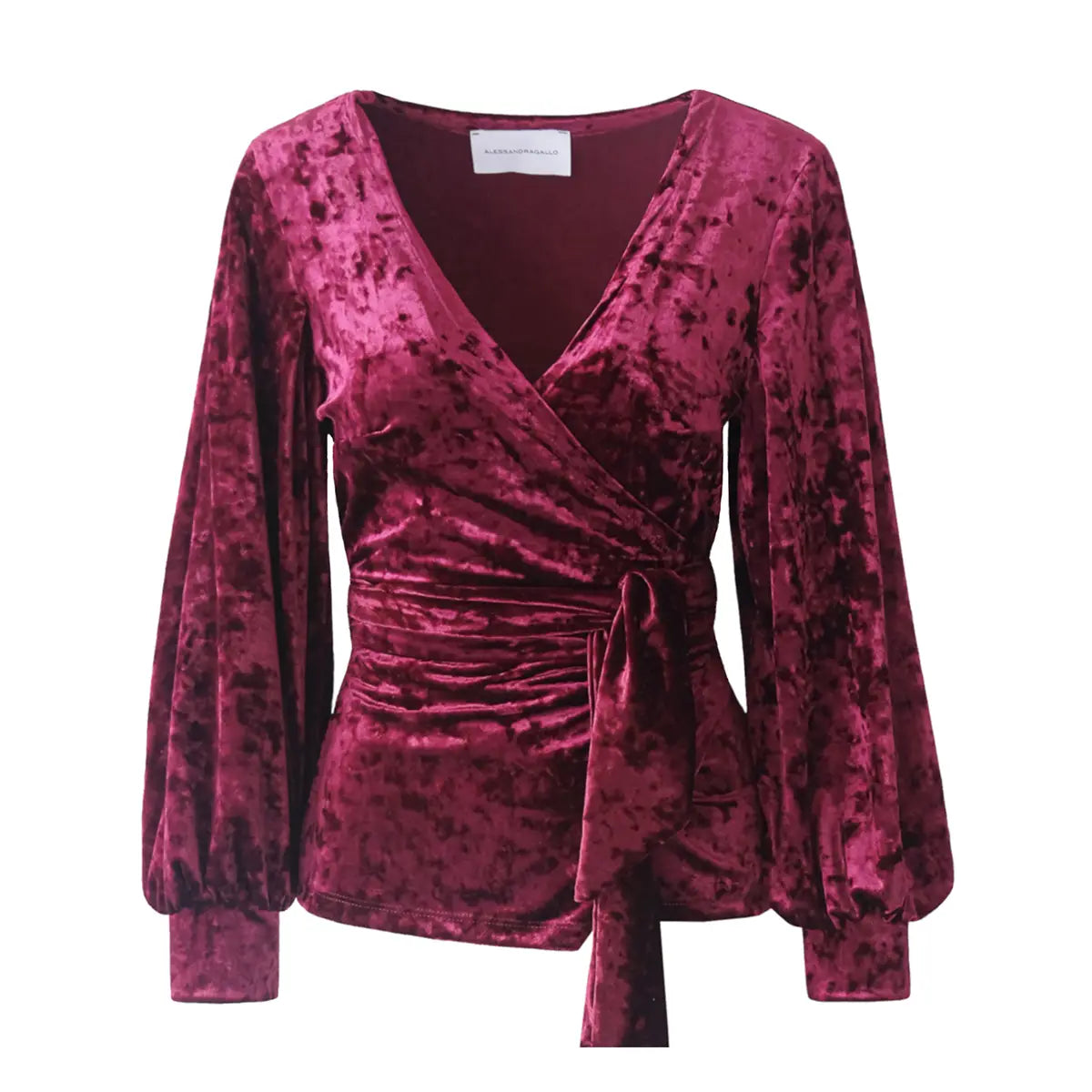 Blusa  a portafoglio CLOE  di Alessandra Gallo in ciniglia martellata bordeaux con scollo V e maniche lunghe ampie - vista frontale -  Day&Night Collection