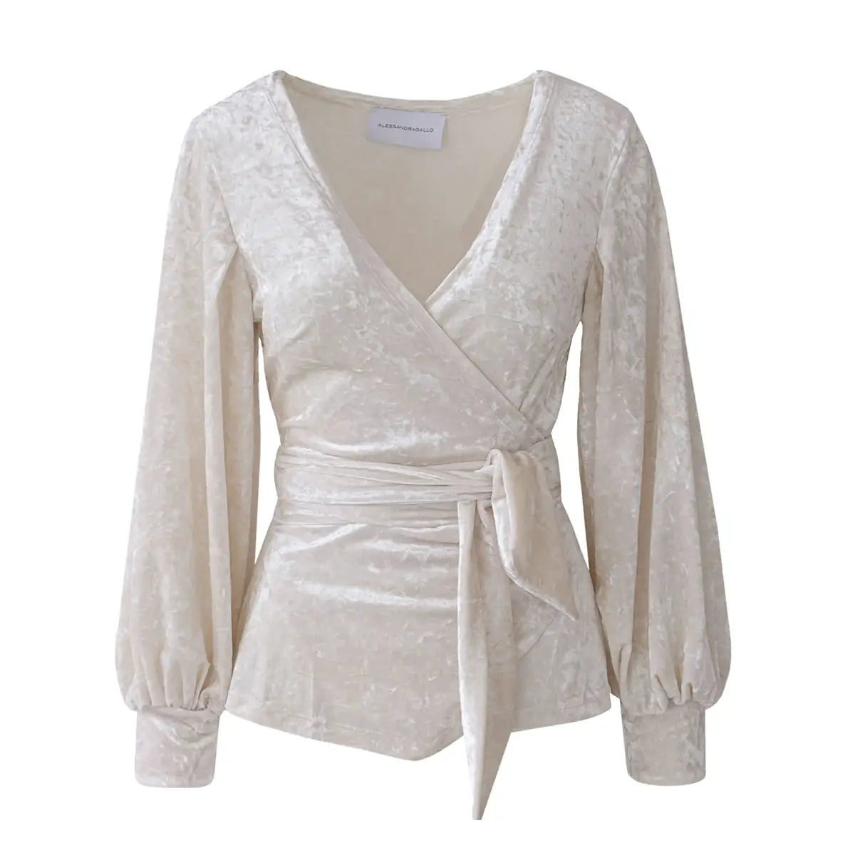 Blusa  a portafoglio CLOE  di Alessandra Gallo in ciniglia martellata crema con scollo V e maniche lunghe ampie - vista frontale -  Day&Night Collection