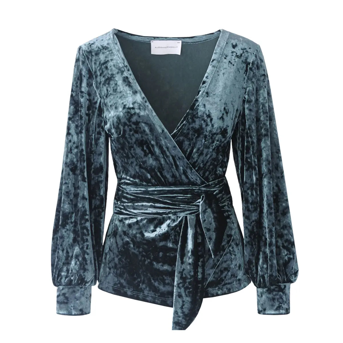 Blusa  a portafoglio CLOE  di Alessandra Gallo in ciniglia martellata verde con scollo V e maniche lunghe ampie - vista frontale -  Day&Night Collection