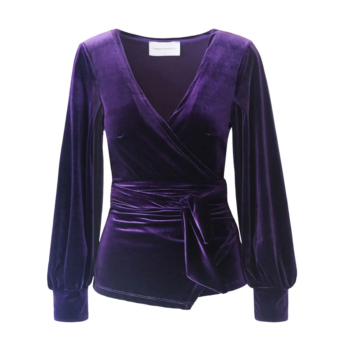 Blusa  a portafoglio CLOE  di Alessandra Gallo in ciniglia viola con scollo V e maniche lunghe ampie - vista frontale -  Day&Night Collection