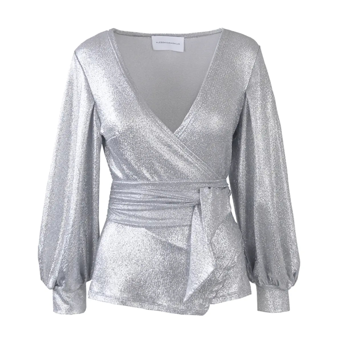 blusa a portafoglio CLOE di Alessandra Gallo in lurex argento con maniche ampie e scollo a V - vista frontale -  Stardust Collection