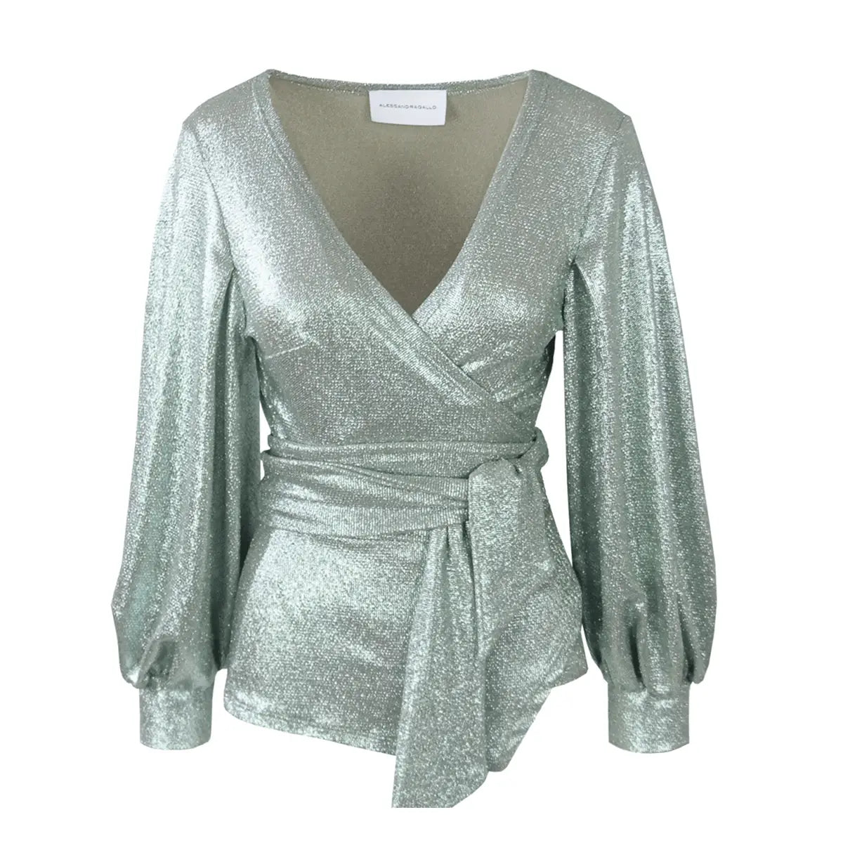 blusa a portafoglio CLOE di Alessandra Gallo in lurex verde chiaro con maniche ampie e scollo a V - vista frontale -  Stardust Collection