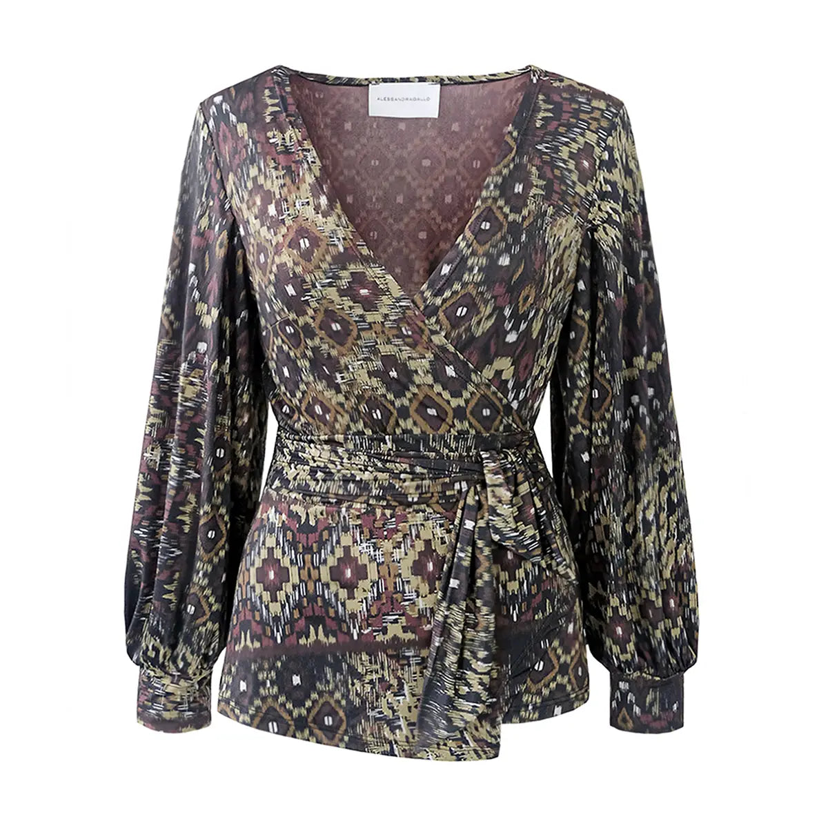 CLOE blusa in lycra fantasia Earth di Alessandra Gallo - elegante blusa portafoglio con maniche ampie e scollo a V - Made in Italy -Stretch Collection - vista frontale
