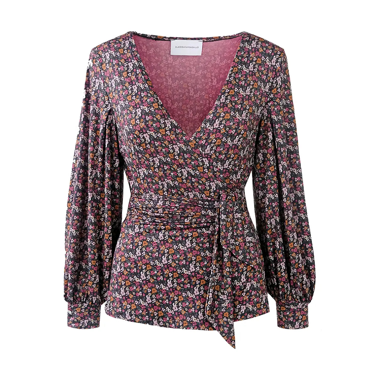 Cloe maglia portafoglio in lycra fantasia wild flowers di Alessandra Gallo con maniche ampie e scollo a V - the stretch collection - vista frontale