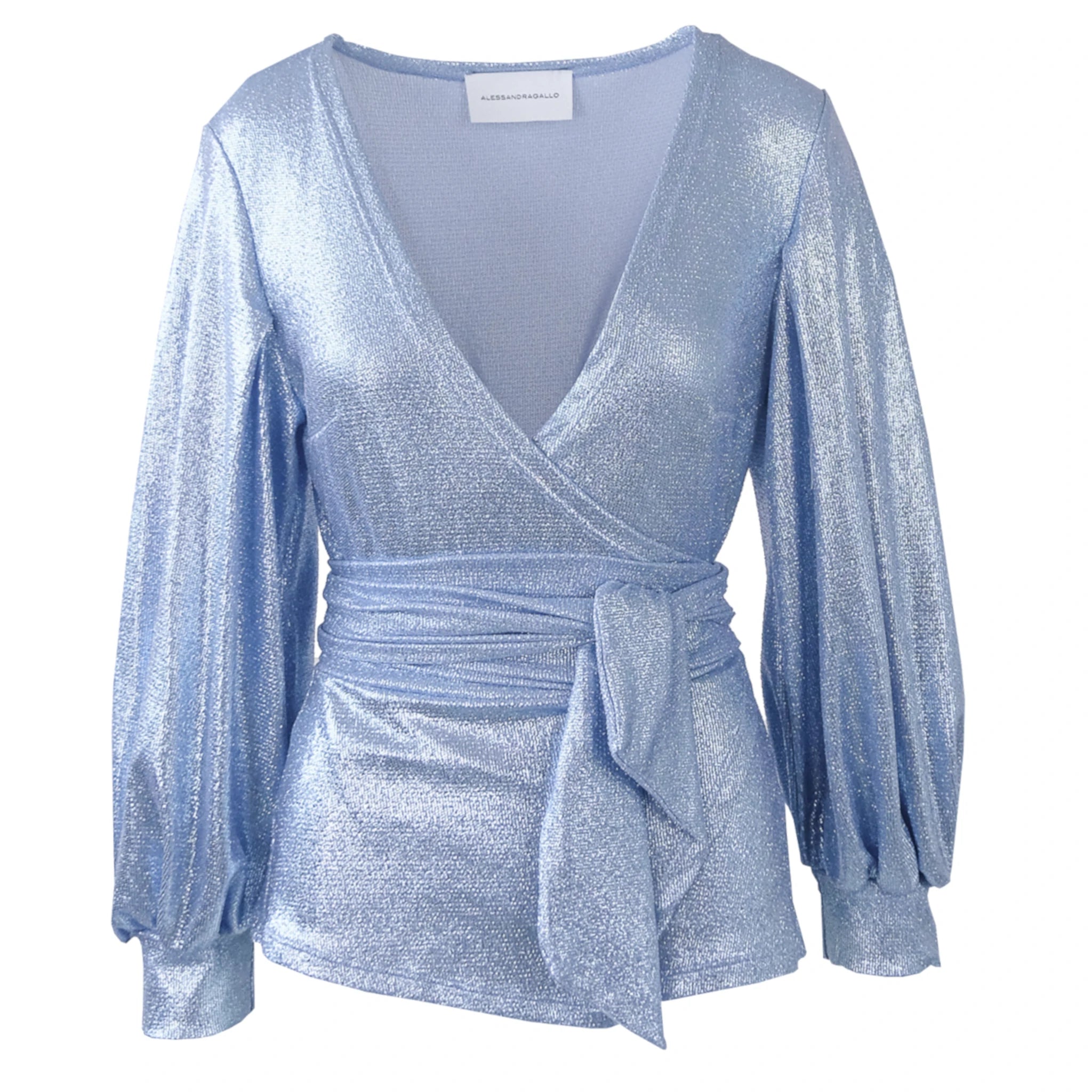 CLOE blusa portafoglio Alessandra Gallo in lurex azzurro con maniche a sbuffo