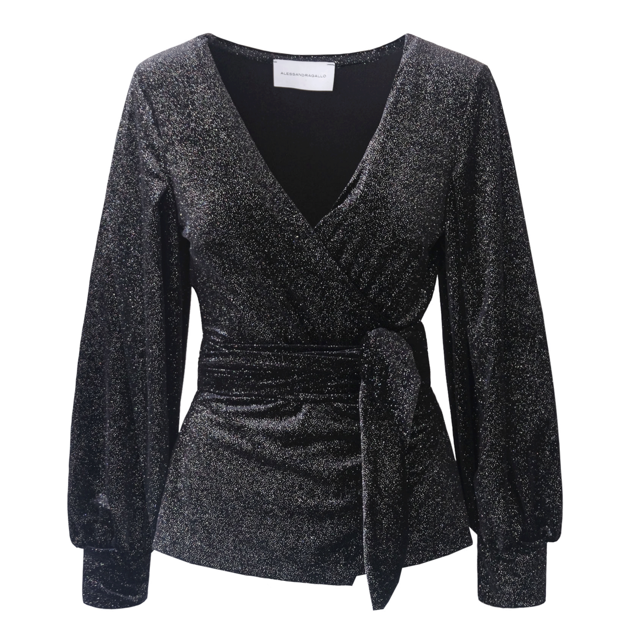 Blusa CLOE  di Alessandra Gallo a portafoglio in ciniglia sparkling nera con scollo V e maniche lunghe - vista frontale -  Day&Night Collection