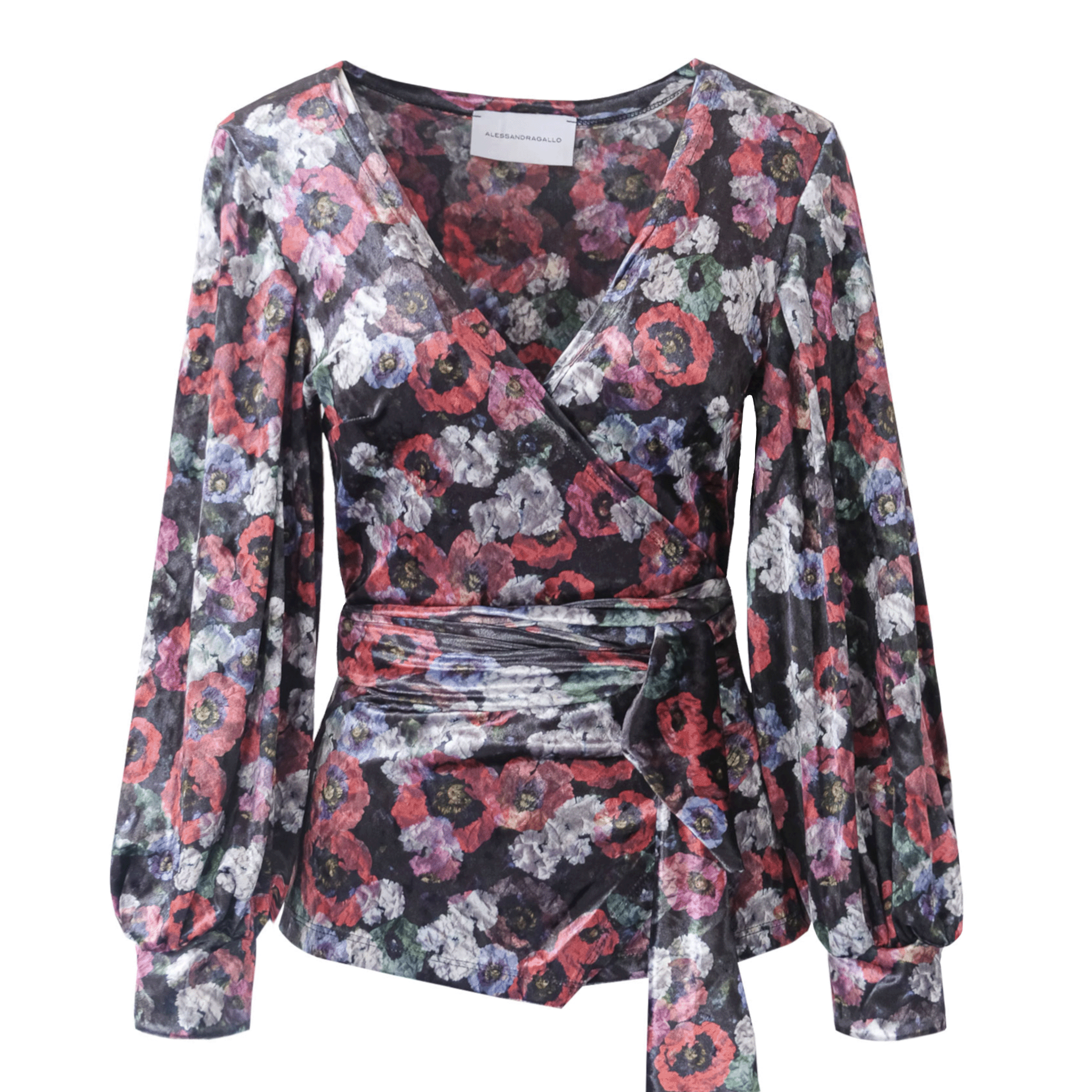 Blusa CLOE di Alessandra Gallo a portafoglio in ciniglia martellata floreale con scollo V e maniche lunghe - vista frontale - Day&Night Collection