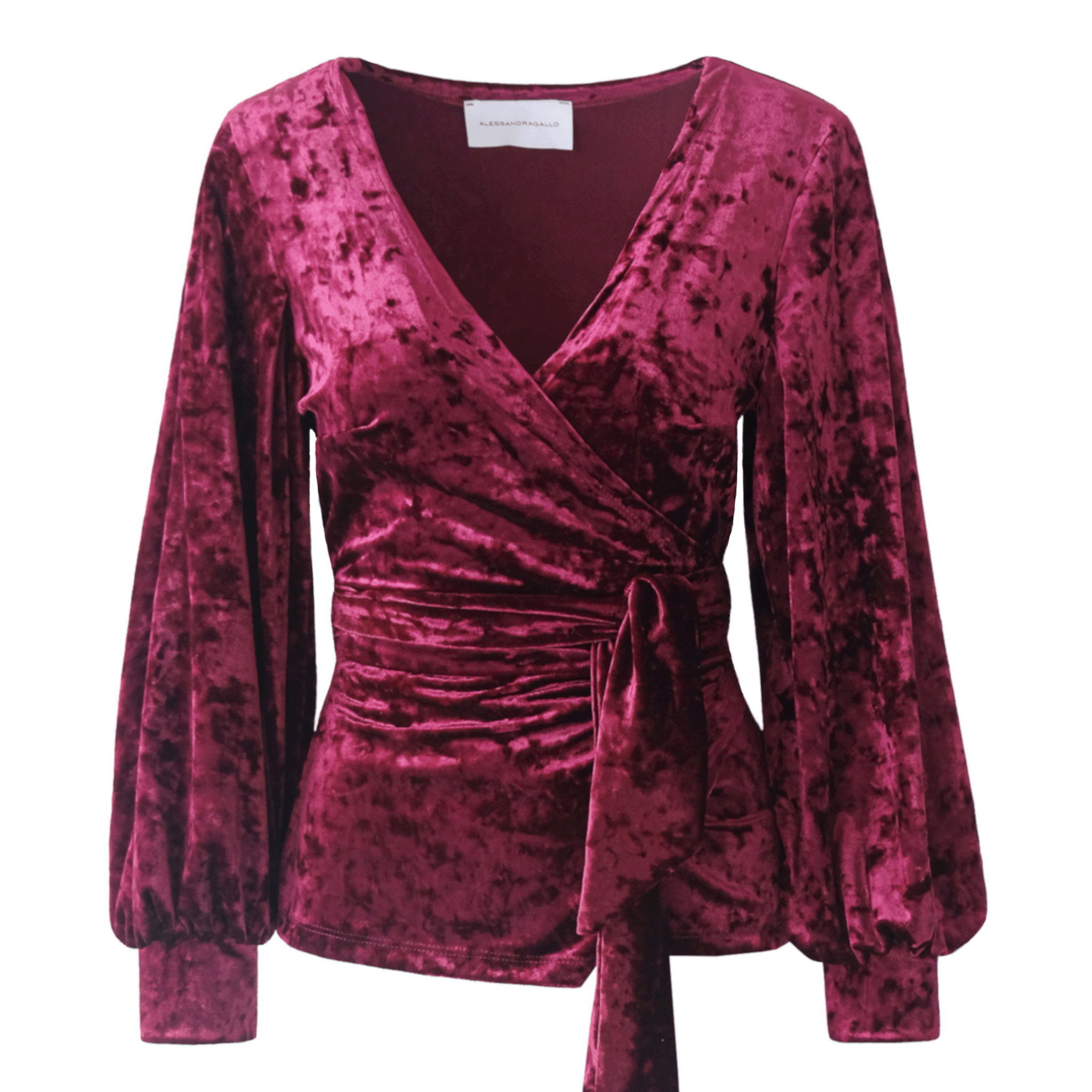 Blusa CLOE di Alessandra Gallo a portafoglio in ciniglia martellata bordeaux con scollo V e maniche lunghe - vista frontale - Day&Night Collection