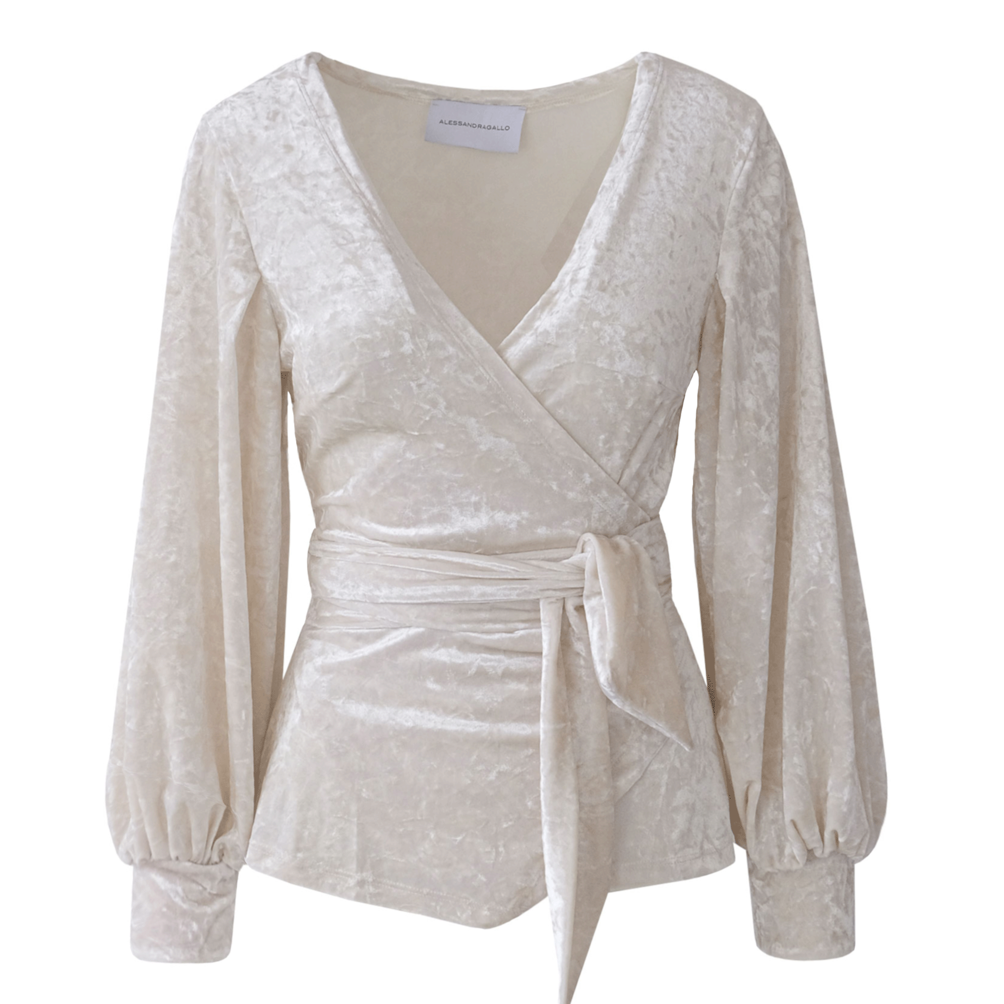 Blusa CLOE di Alessandra Gallo a portafoglio ciniglia martellata crema con scollo V e maniche lunghe - vista frontale - Day&Night Collection