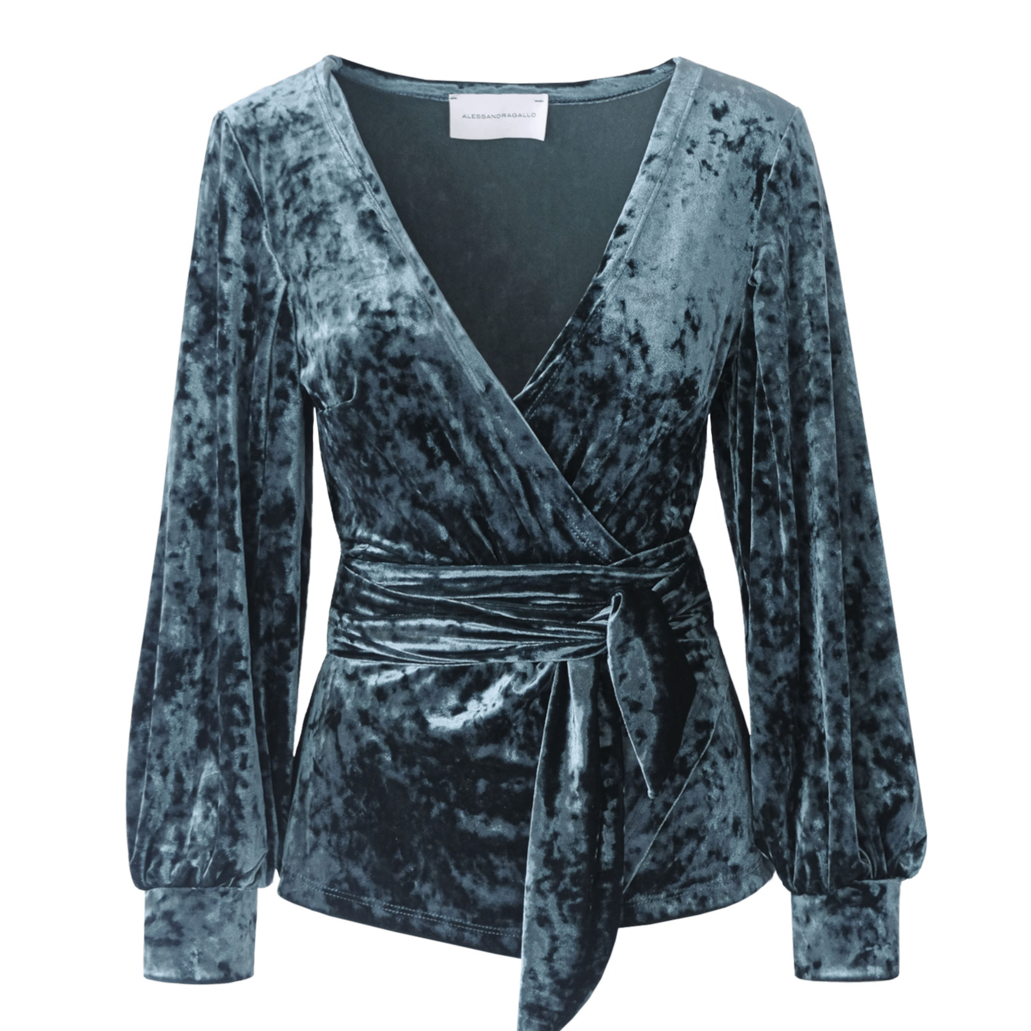 Blusa CLOE di Alessandra Gallo a portafoglio in ciniglia martellata verde con scollo V e maniche lunghe - vista frontale - Day&Night Collection
