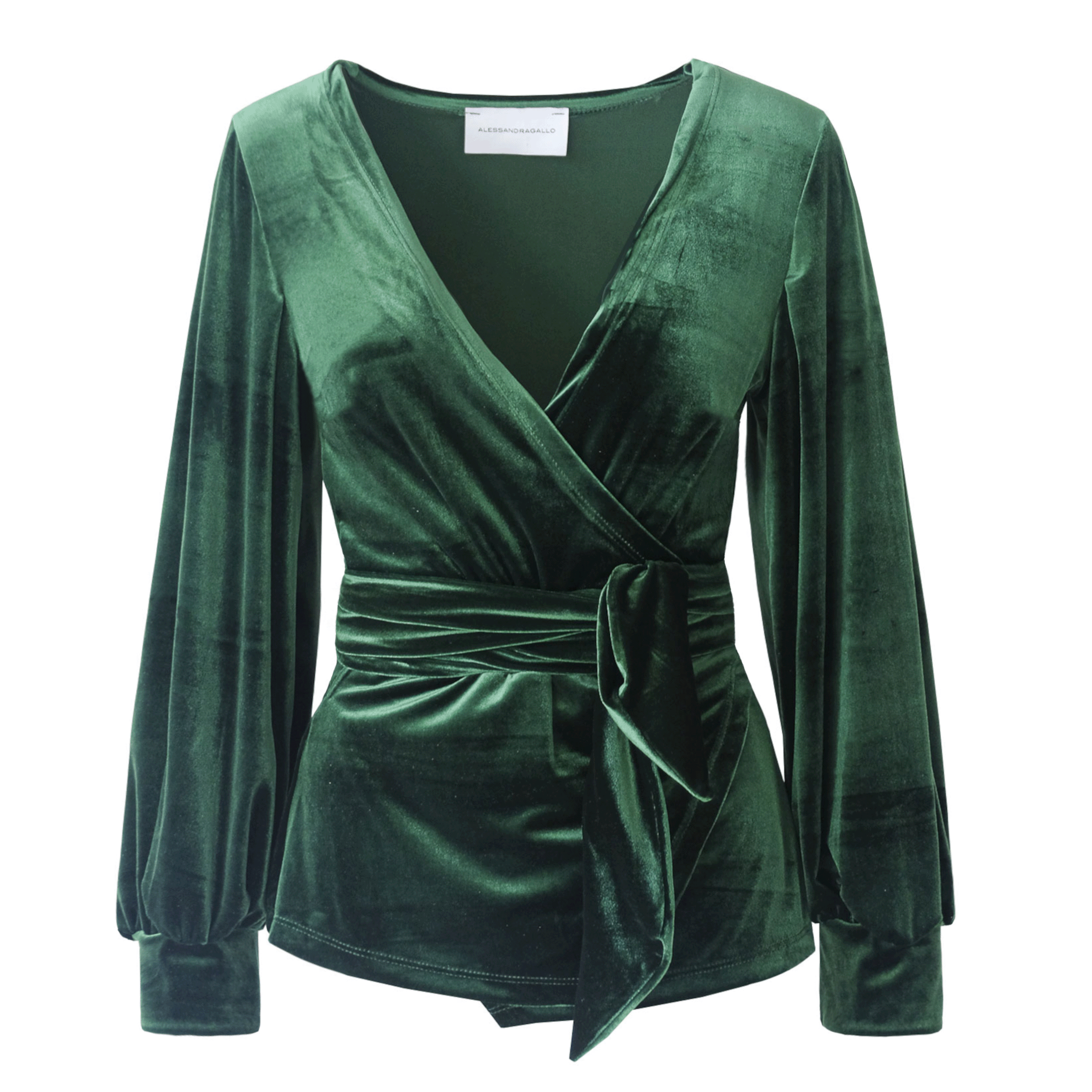 Blusa CLOE di Alessandra Gallo a portafoglio in ciniglia verde smeraldo con scollo V e maniche lunghe - vista frontale - Day&Night Collection
