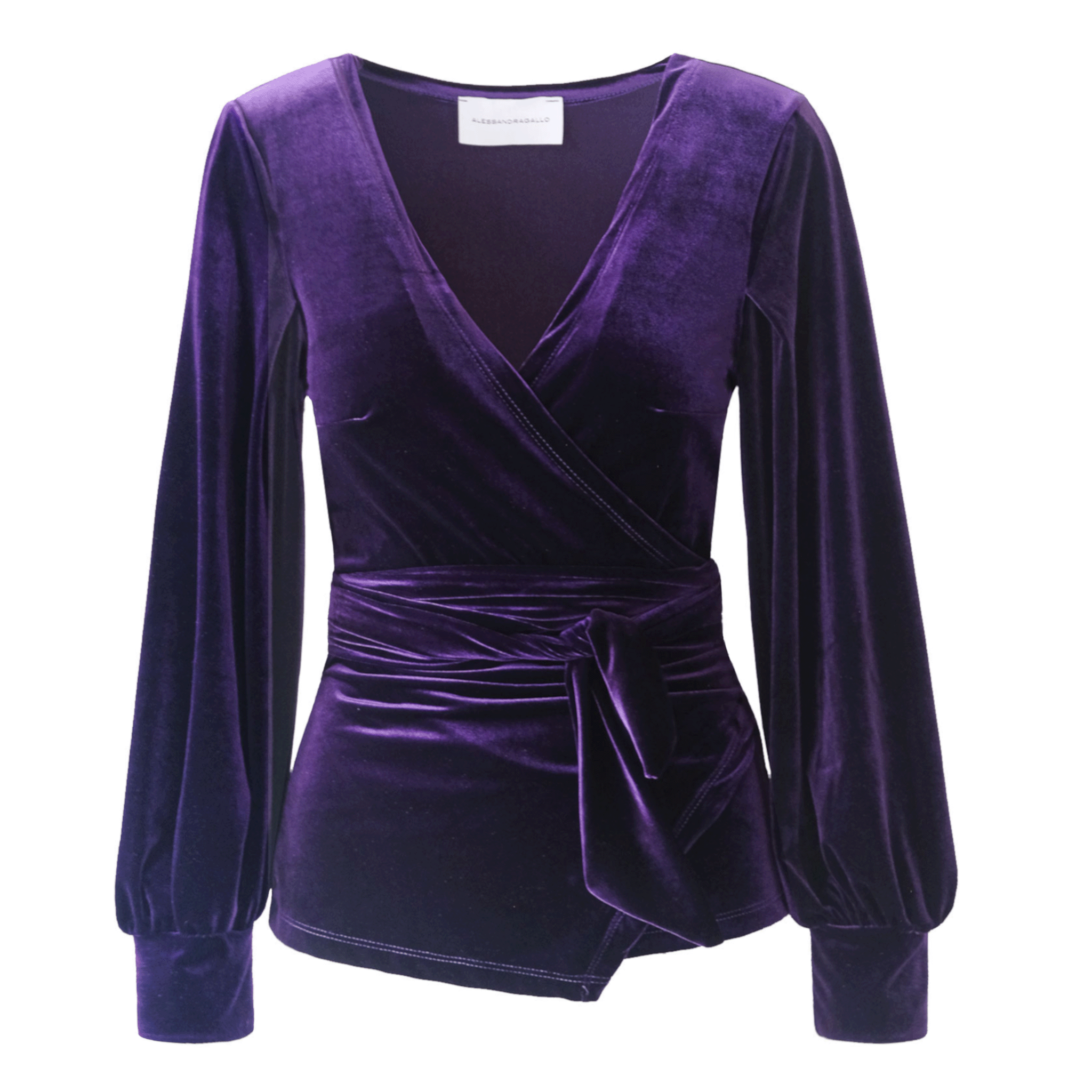 Blusa CLOE di Alessandra Gallo a portafoglio in ciniglia viola con scollo V e maniche lunghe - vista frontale - Day&Night Collection