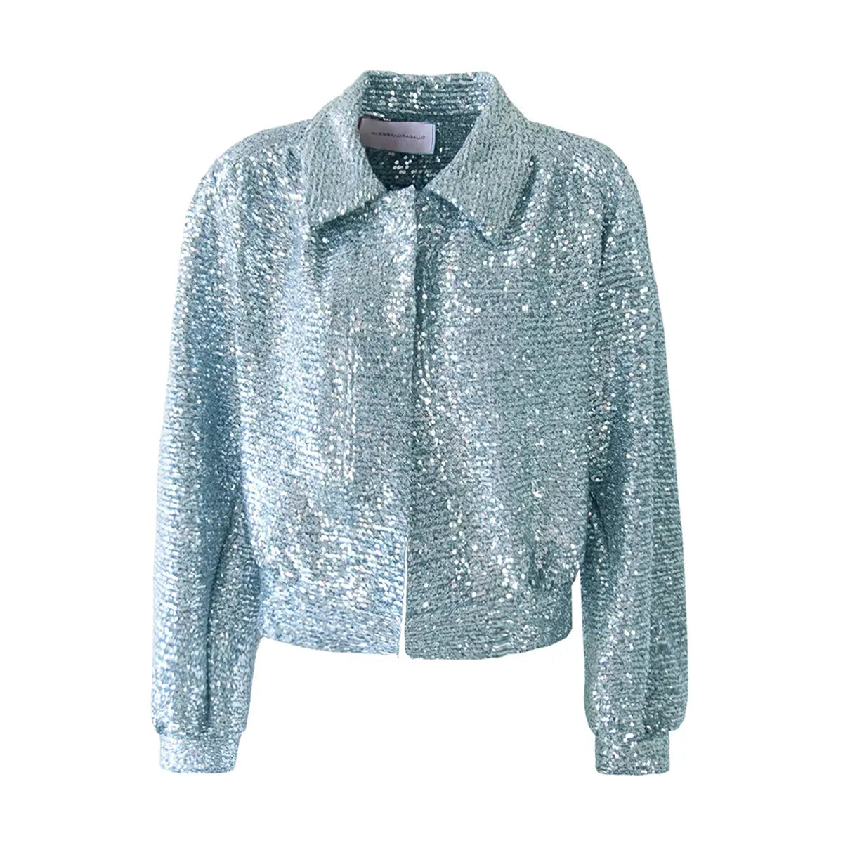 Giacca bomber DAFNE di Alessandra Gallo in paillettes azzurra con maniche ampie, colletto e senza chiusura  - vista frontale - The Light Collection
