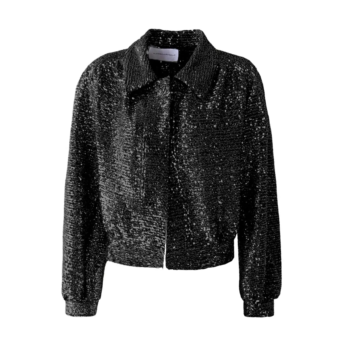 Giacca bomber DAFNE di Alessandra Gallo in paillettes nera con maniche ampie, colletto e senza chiusura  - vista frontale - The Light Collection
