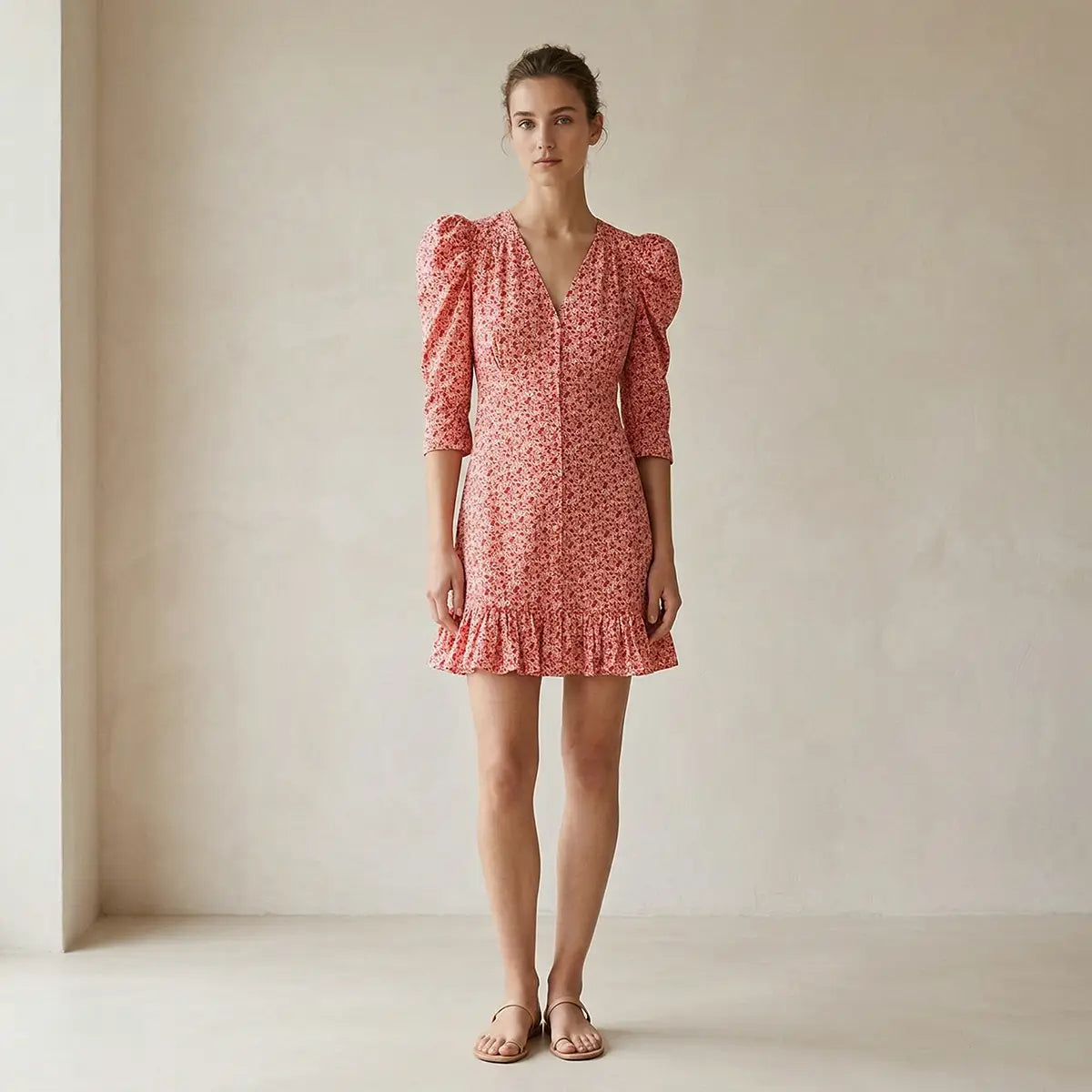 DALIA, abito corto in cotone fantasia Mirabell, su modella.