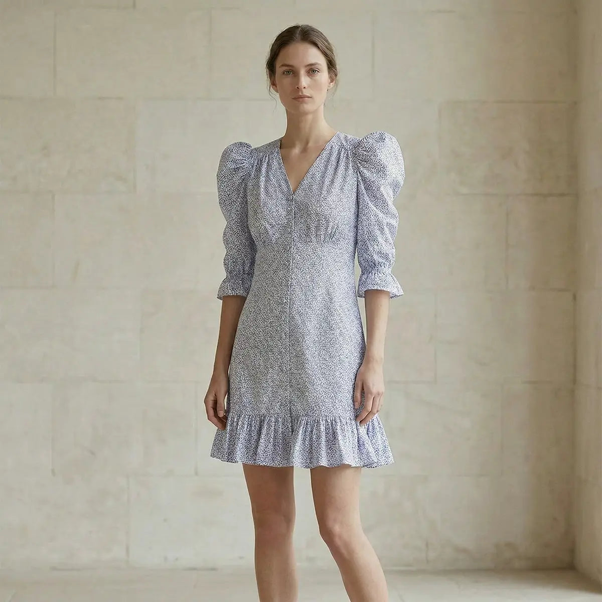 DALIA, abito corto in cotone fantasia Nets, su modella.