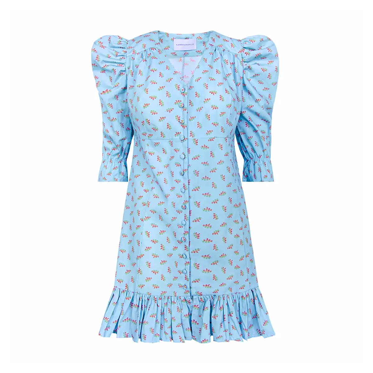 Abito corto DALIA di Alessandra Gallo con scollo a V, bottoni foderati centrali, maniche a 3/4 a sbuffo e volant in cotone  fantasia Stourhead -  Made in Italy - Printemps Collection - vista frontale