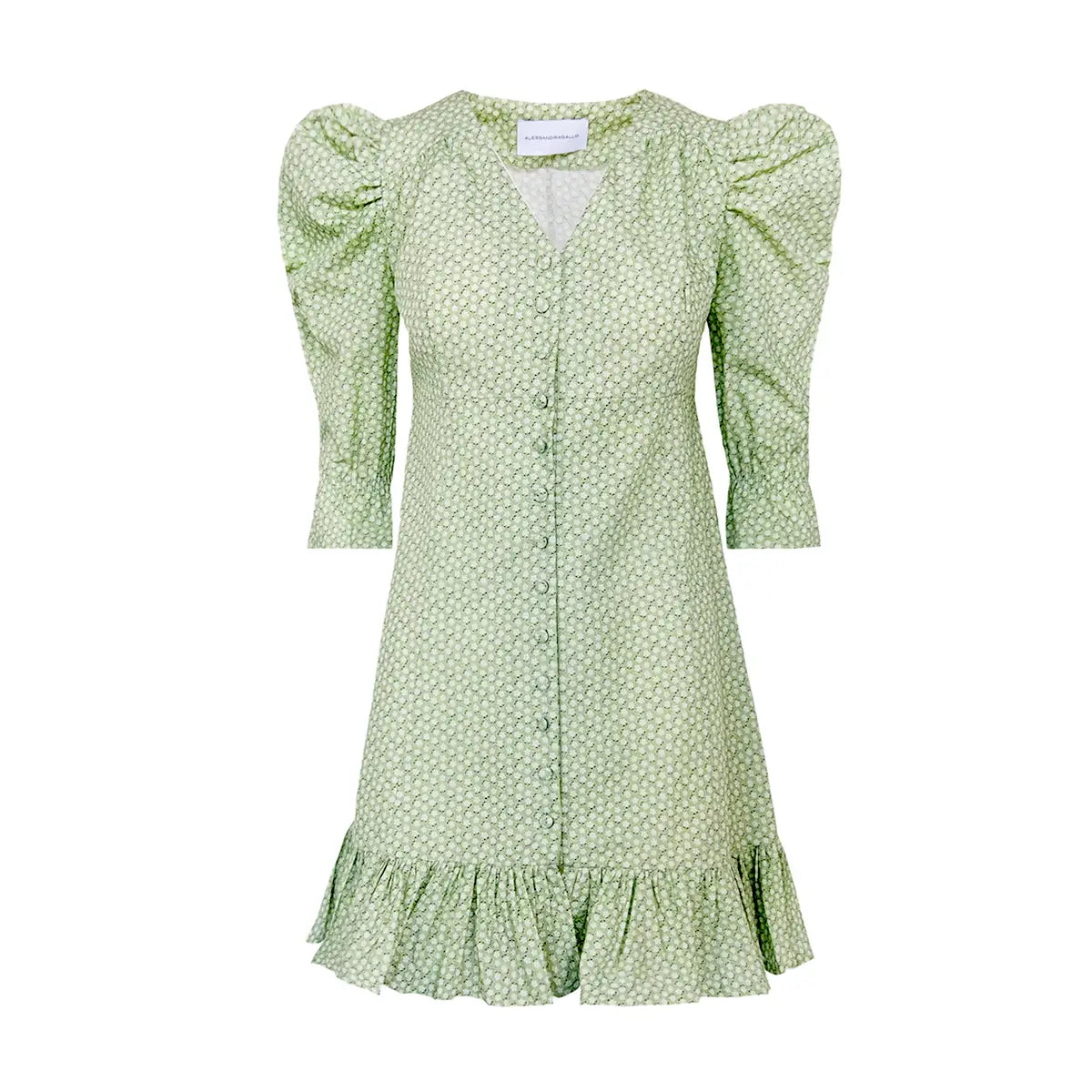 Abito corto DALIA di Alessandra Gallo con scollo a V, bottoni foderati centrali, maniche a 3/4 a sbuffo e volant in cotone  fantasia Villa D'Este -  Made in Italy - Printemps Collection - vista frontale