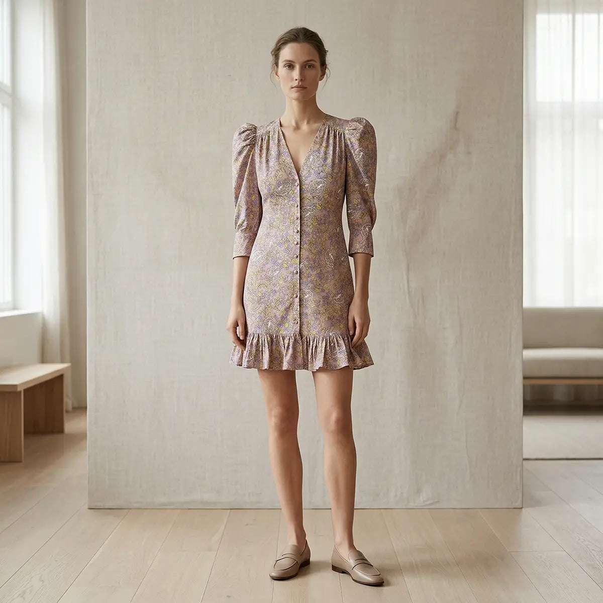 Abito corto DALIA di Alessandra Gallo con scollo a V, bottoni foderati centrali, maniche a 3/4 a sbuffo e volant in cotone  fantasia Pink Obsession -  Made in Italy - The Obsession Collection - indossato frontale