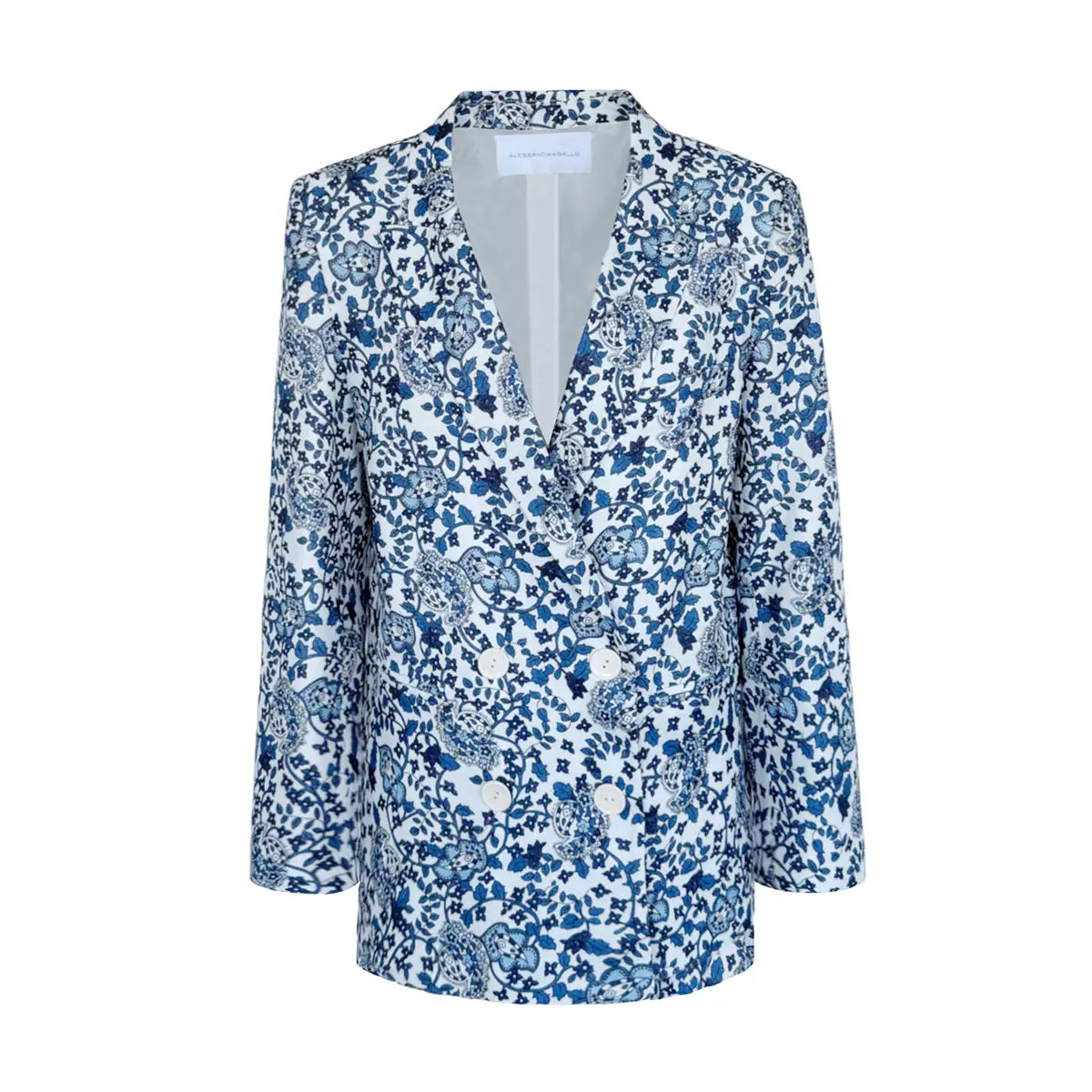 IRA giacca doppiopetto in lino fantasia blue obsession di Alessandra Gallo - vista frontale - the obsession collection
