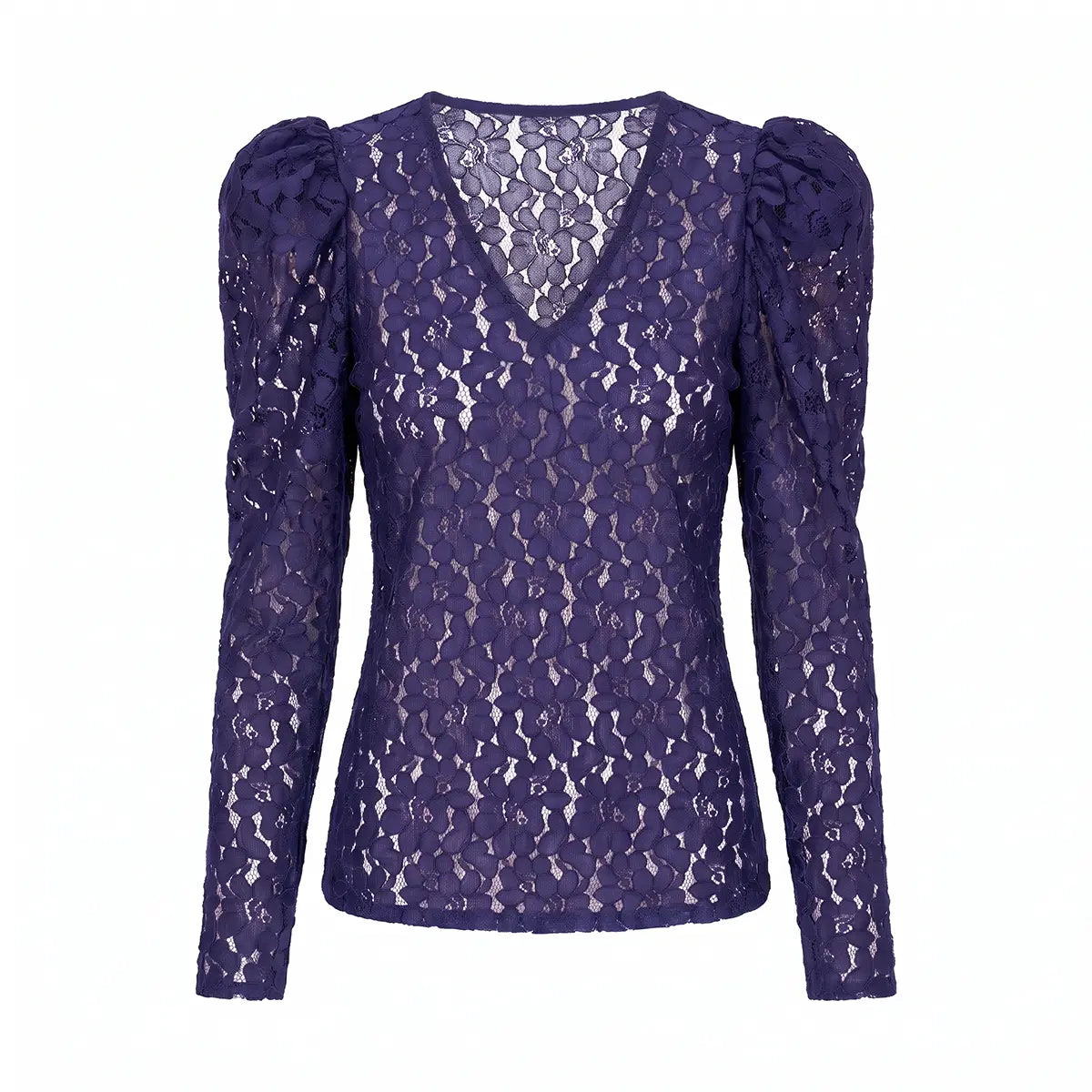 EGLE, camicia in pizzo blu con scollo a V e spalle arricciate.